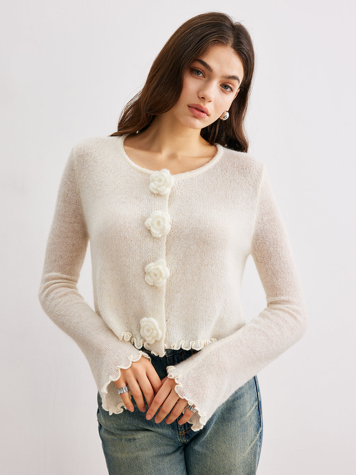 Wool-Blend Lettuce Trim 3D Flower Cardigan-Massicos