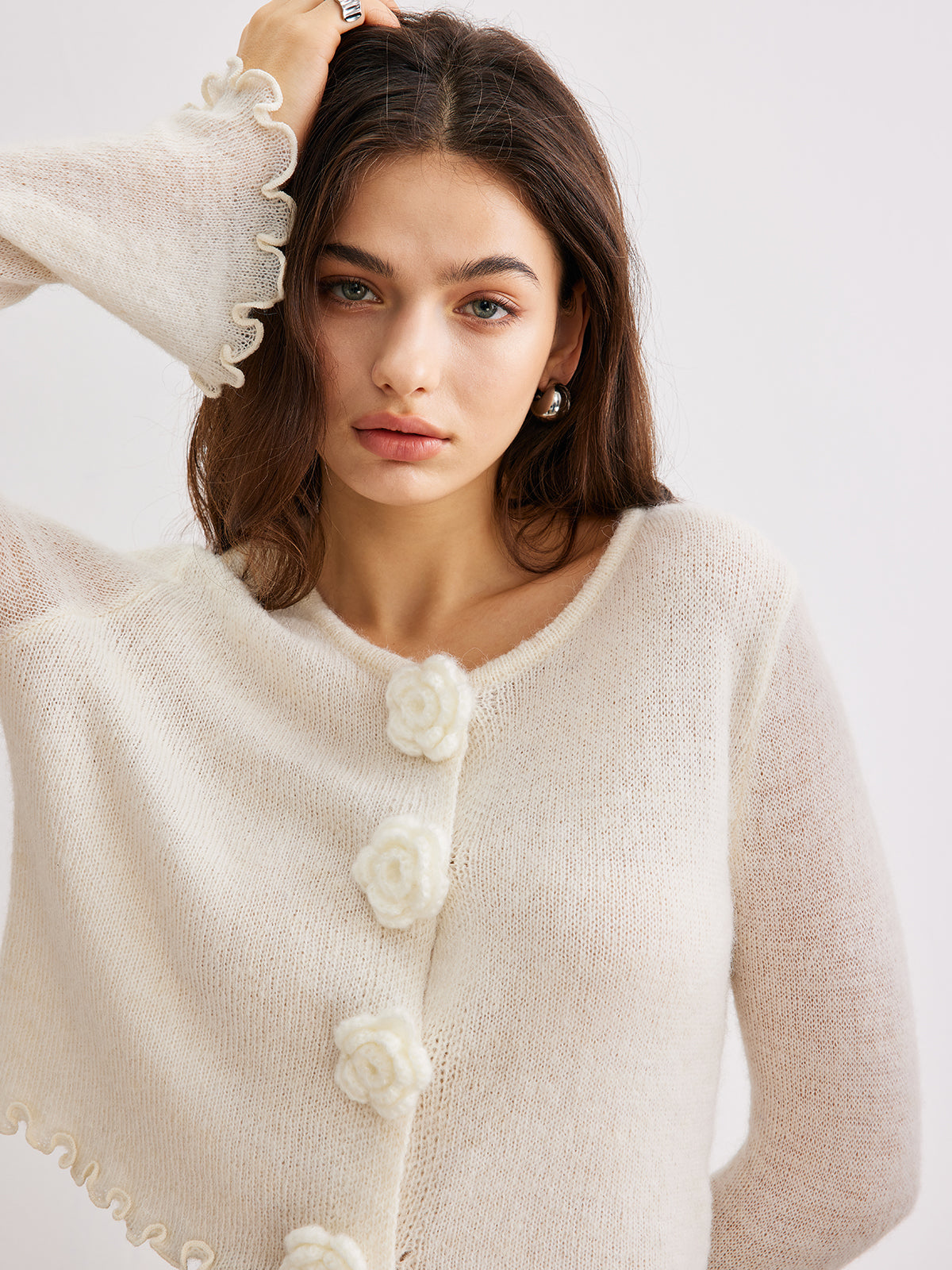 Wool-Blend Lettuce Trim 3D Flower Cardigan-Massicos