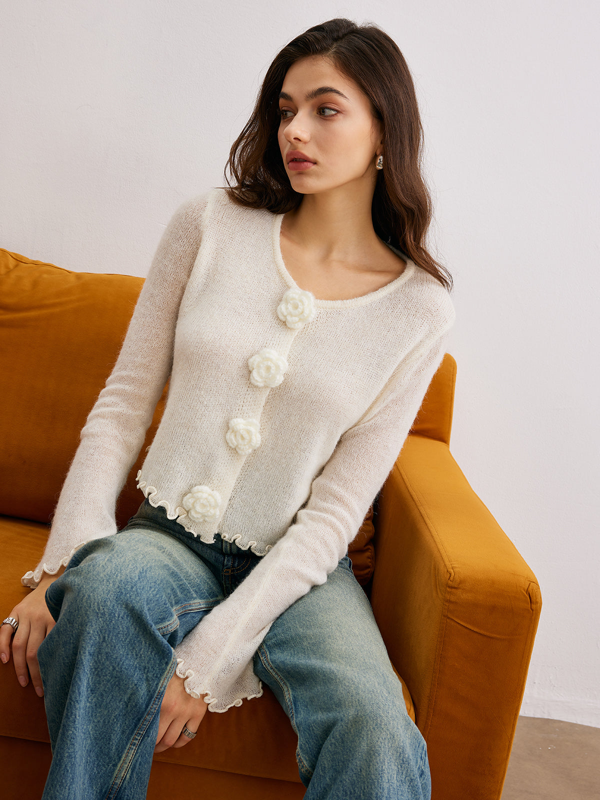 Wool-Blend Lettuce Trim 3D Flower Cardigan-Massicos