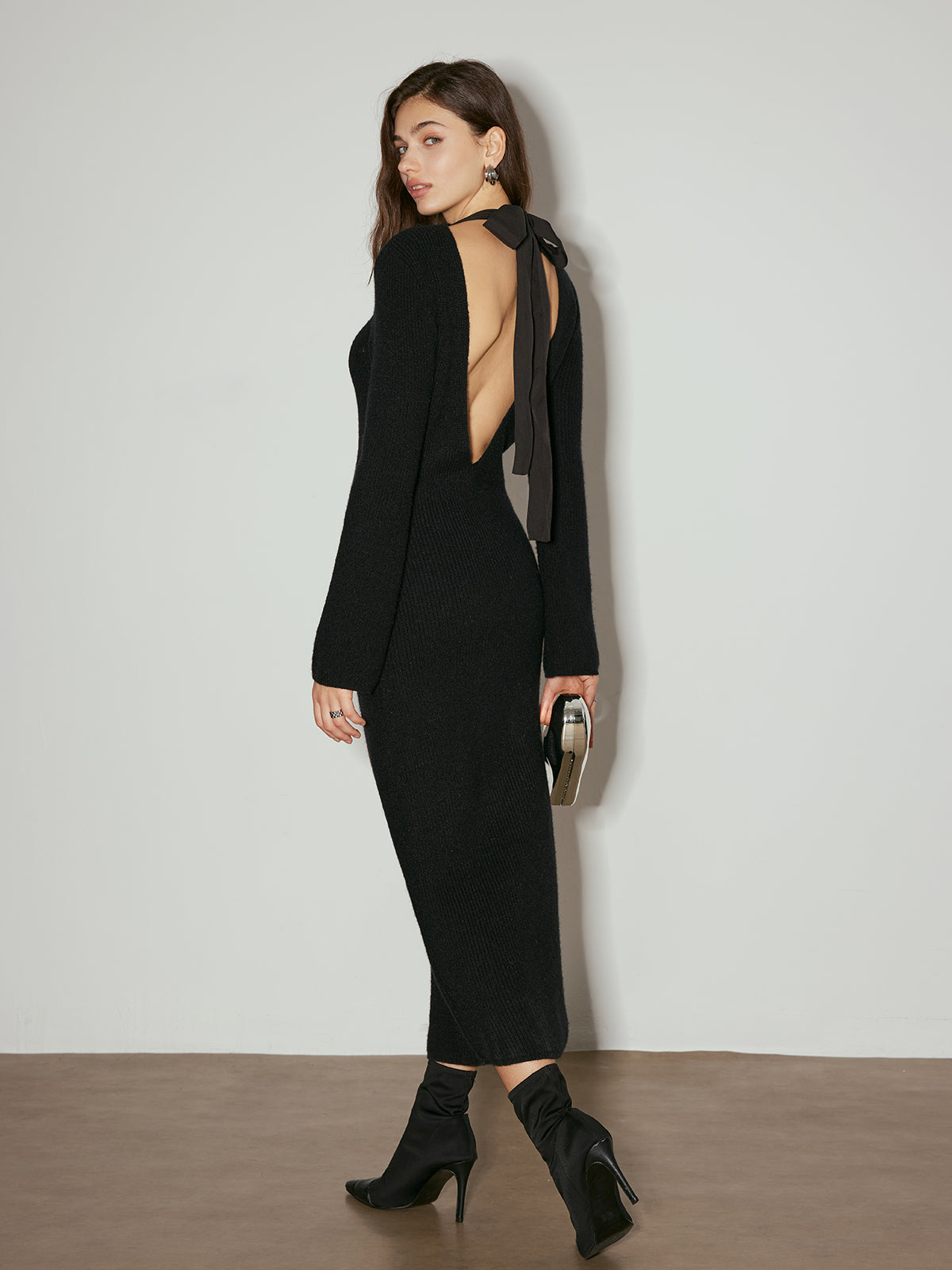 Tie Neck Open Back Long Dress-Massicos