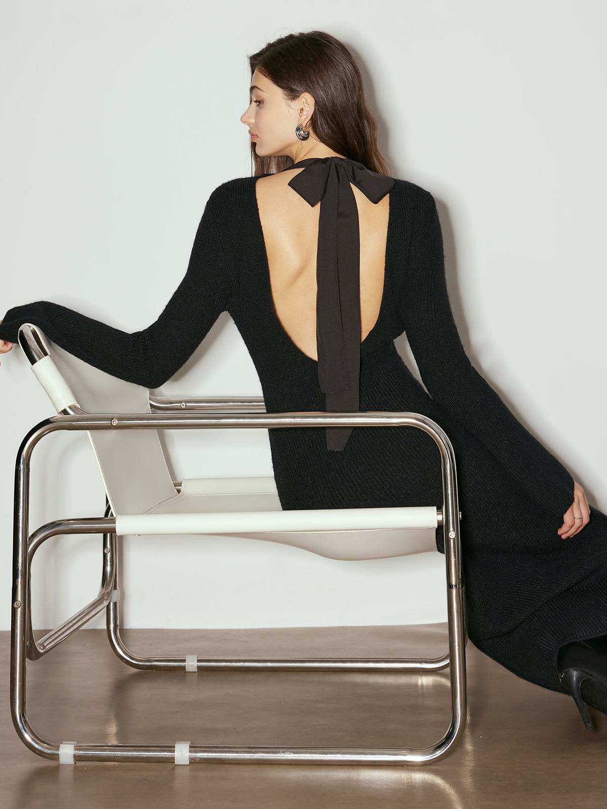 Tie Neck Open Back Long Dress-Massicos