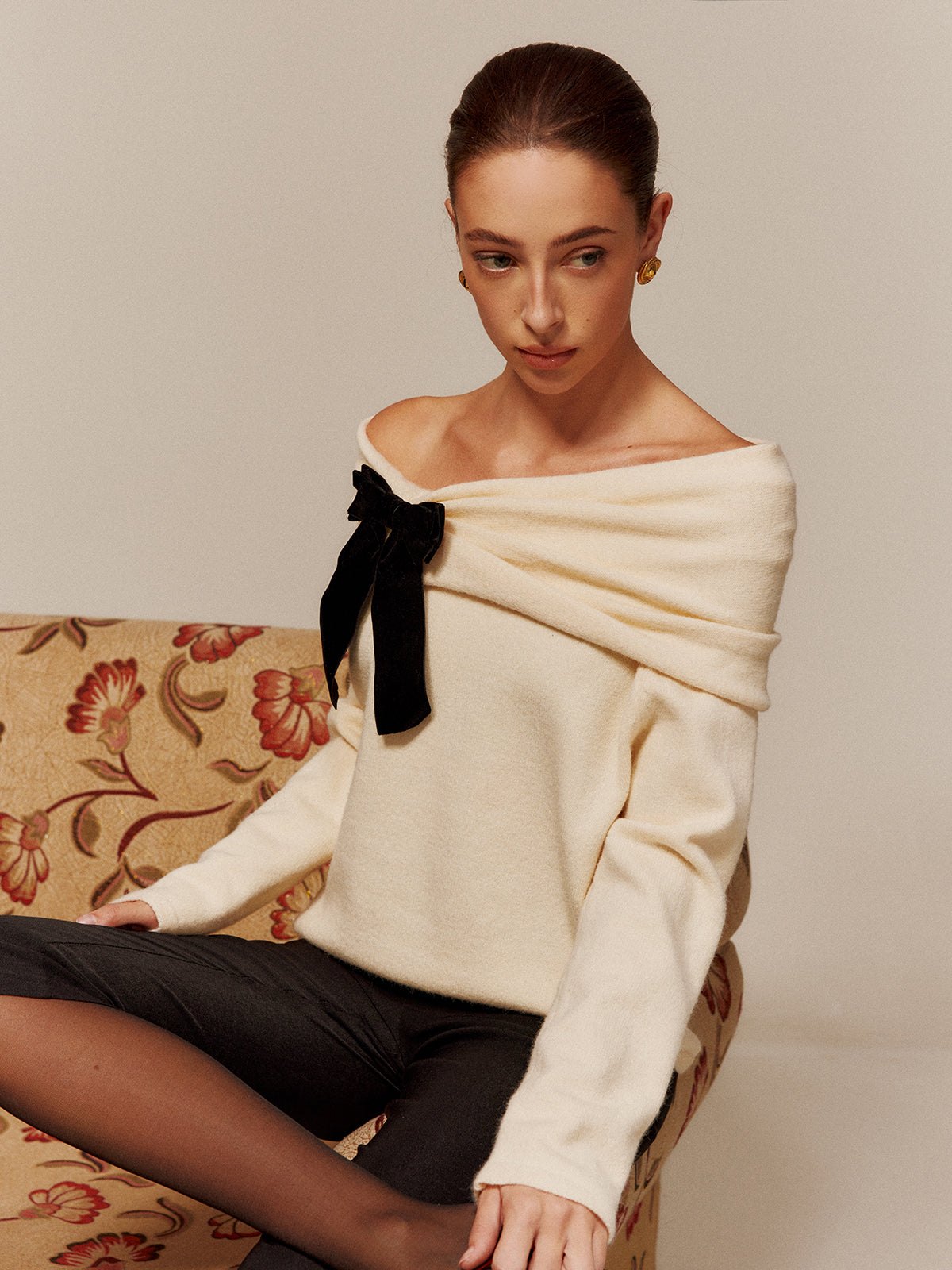 Velvet-Bow Off-Shoulder Ruched Sweater-Massicos