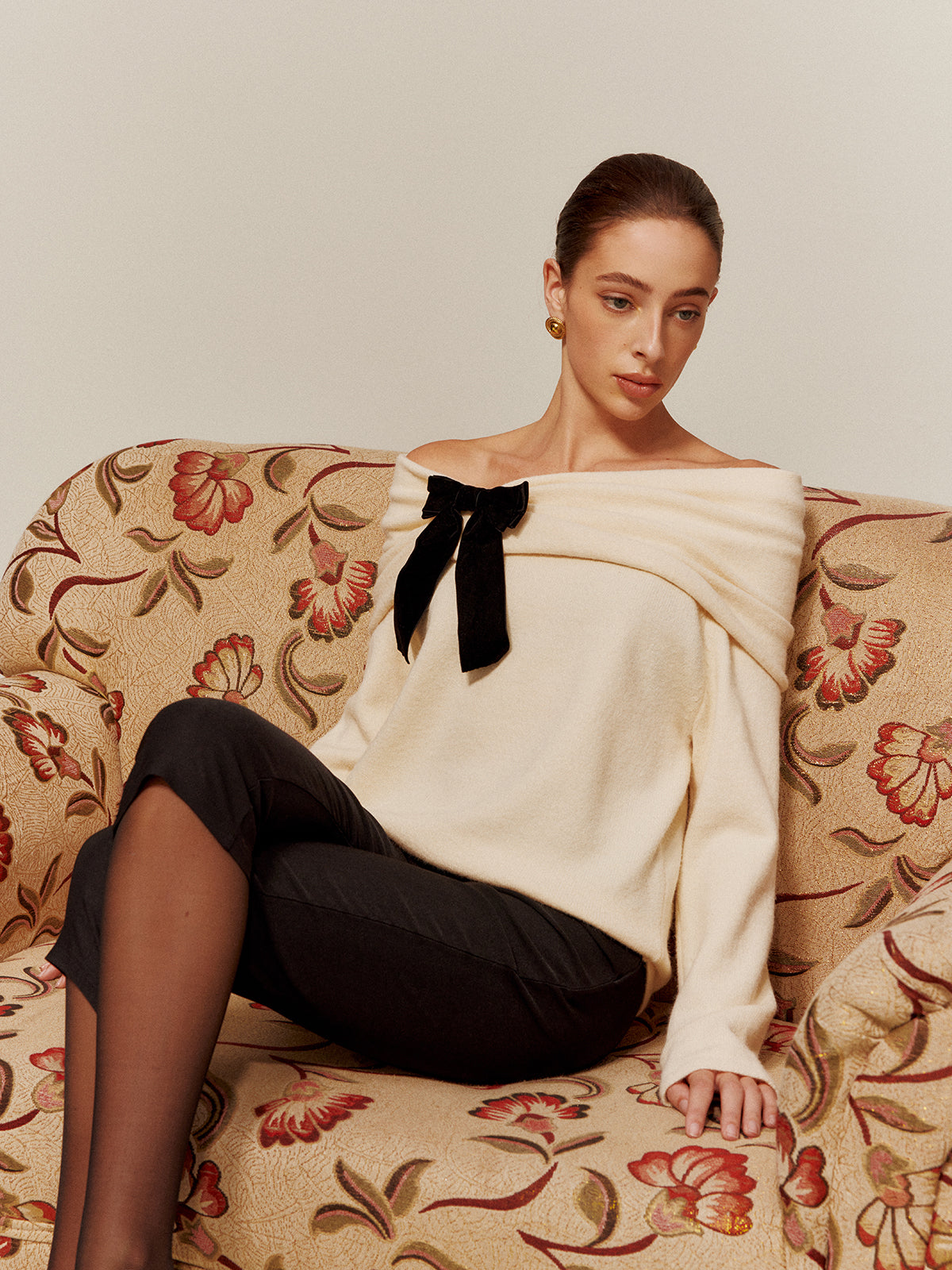 Velvet-Bow Off-Shoulder Ruched Sweater-Massicos