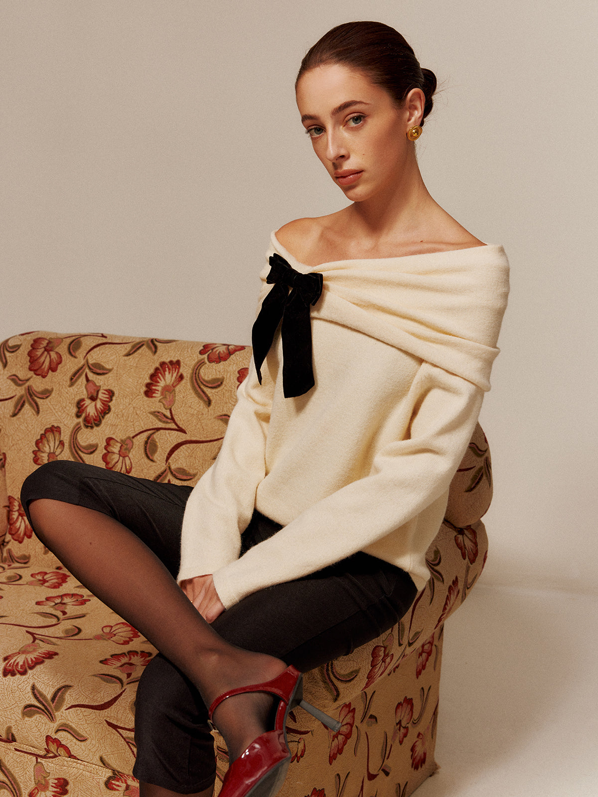 Velvet-Bow Off-Shoulder Ruched Sweater-Massicos