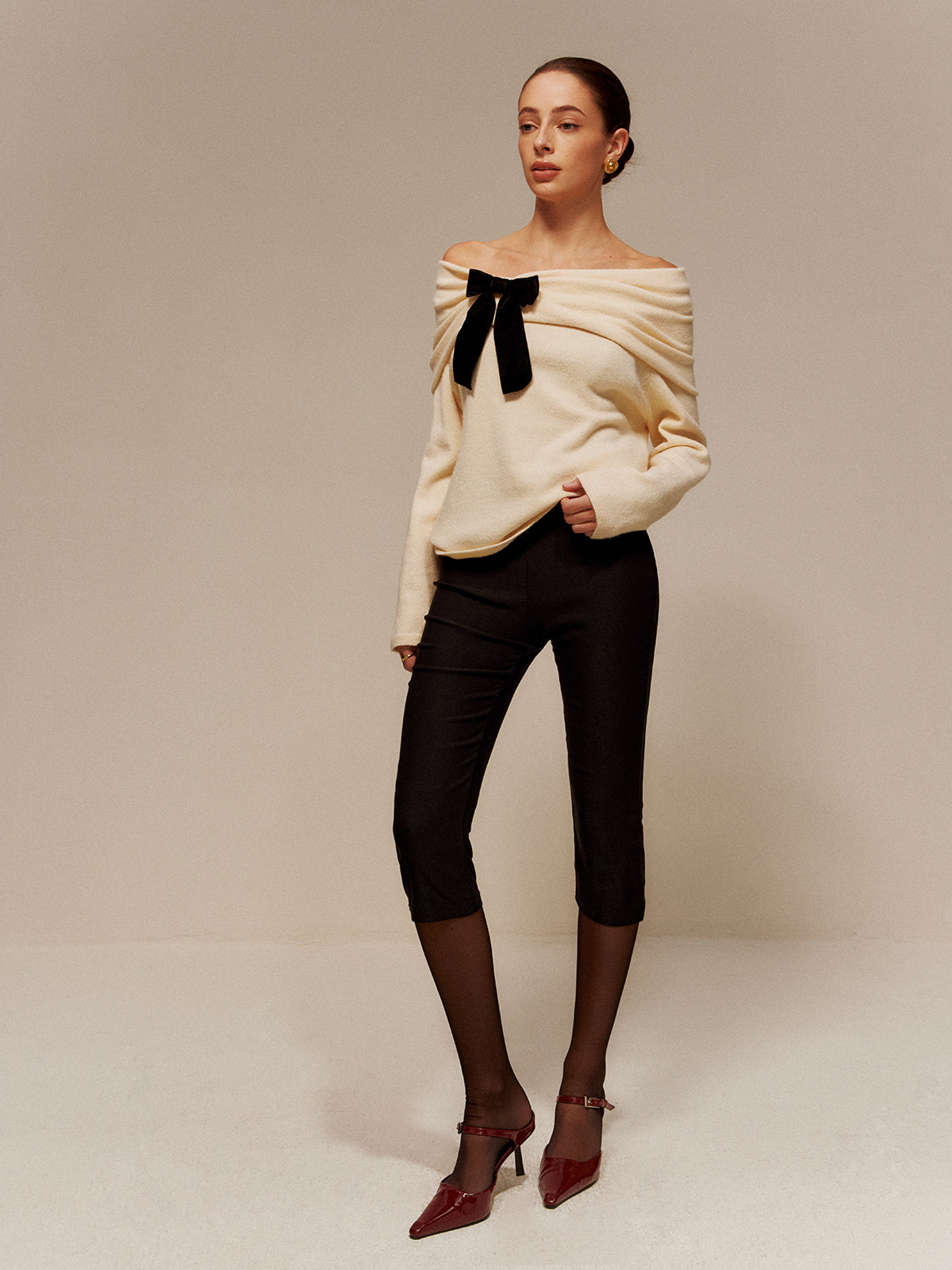Velvet-Bow Off-Shoulder Ruched Sweater-Massicos