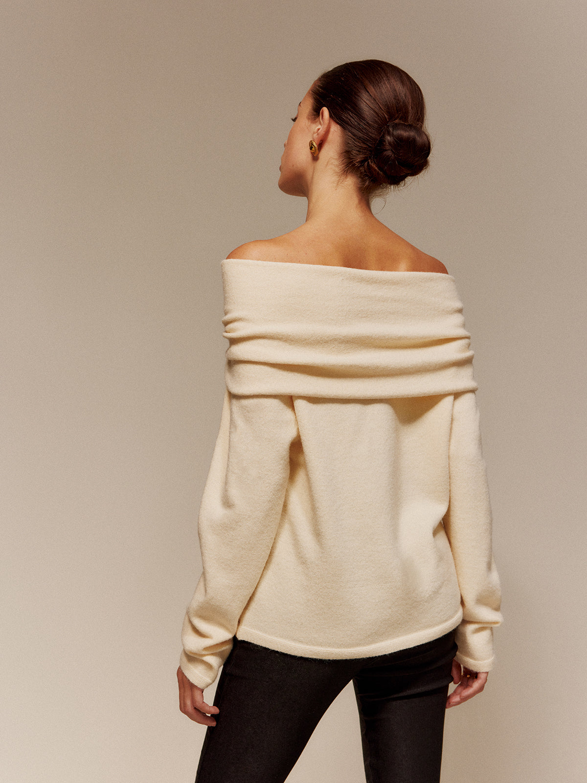 Velvet-Bow Off-Shoulder Ruched Sweater-Massicos