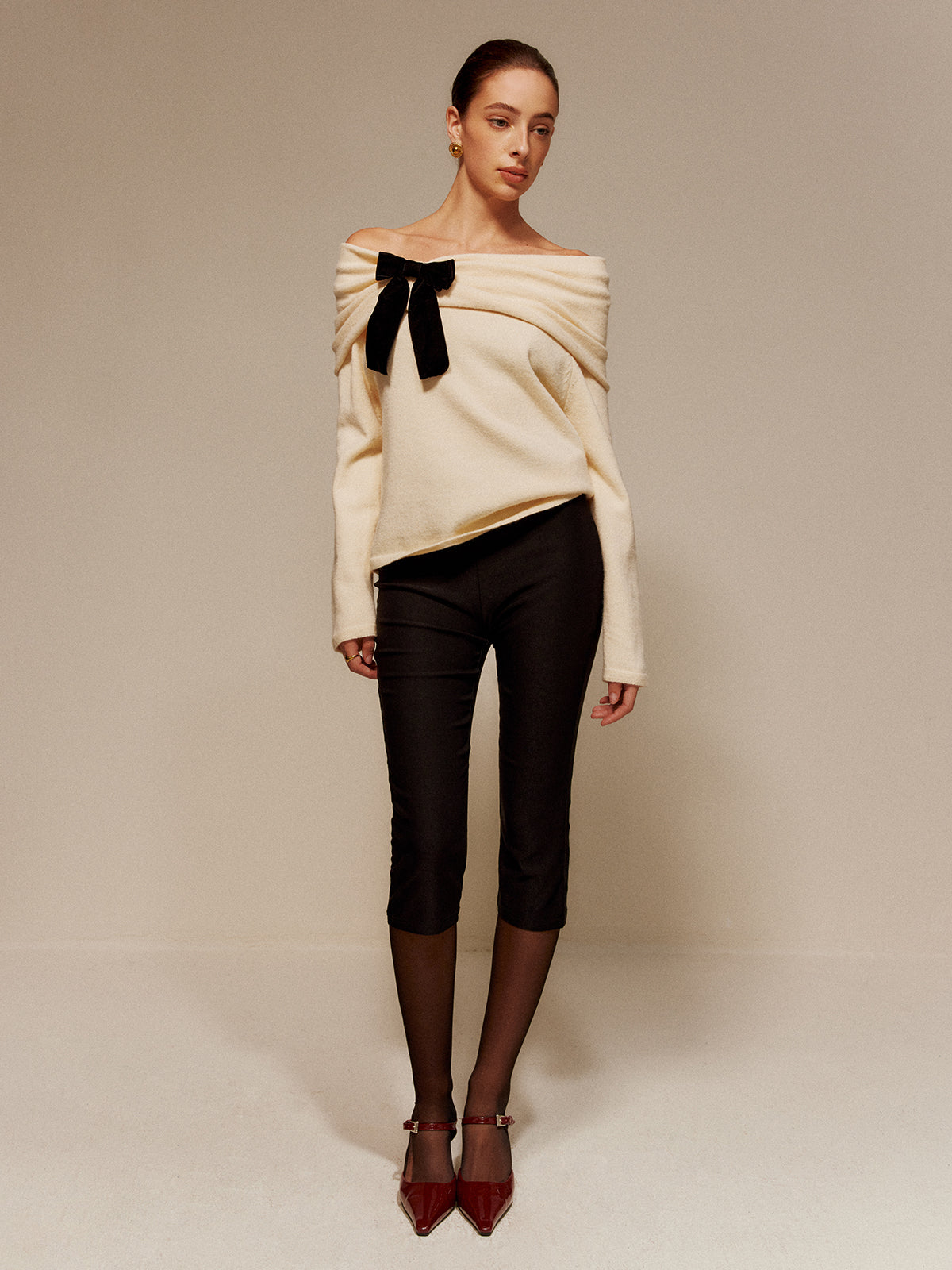 Velvet-Bow Off-Shoulder Ruched Sweater-Massicos