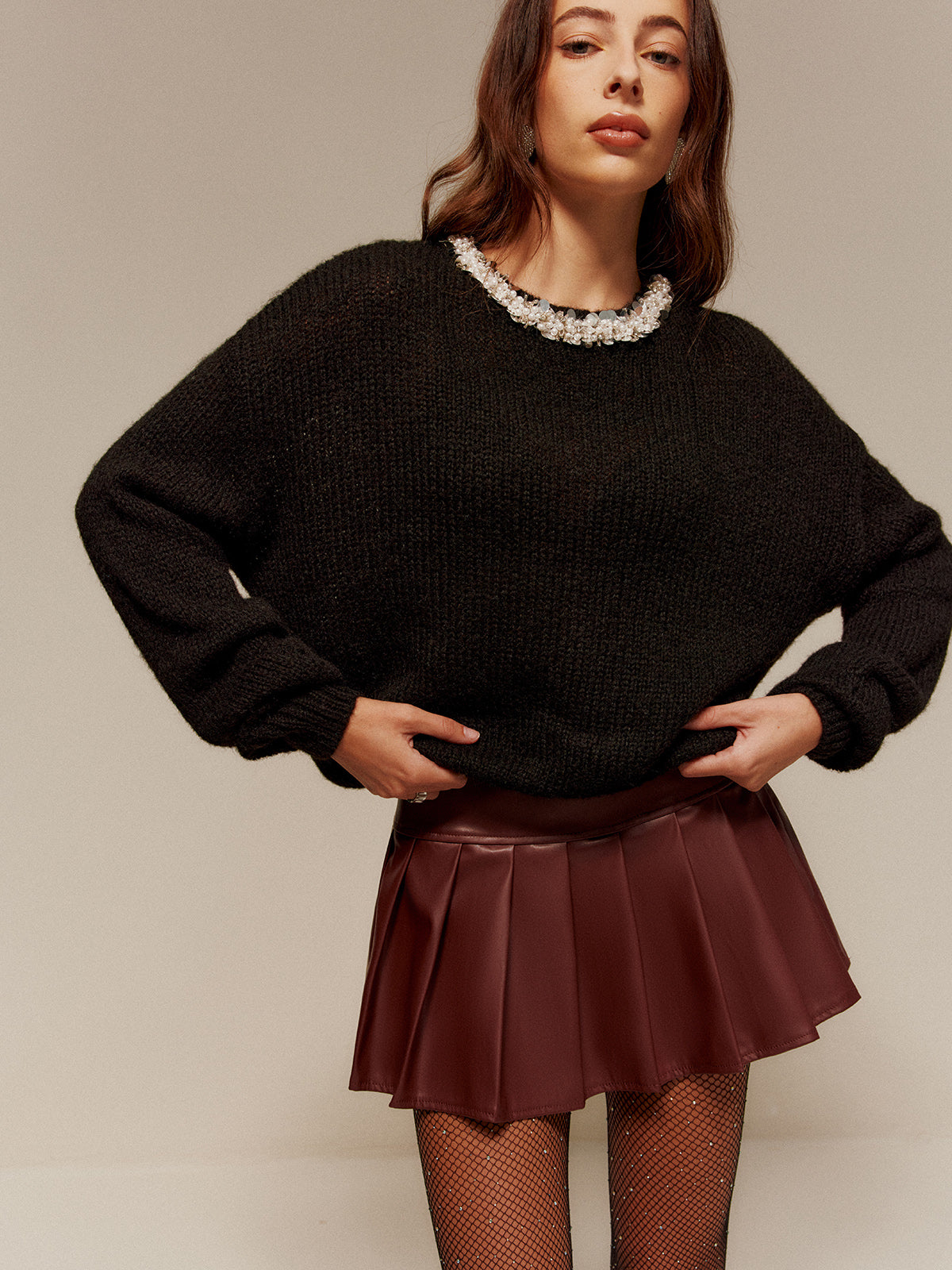 Rhinestone-Decor Cozy Sweater-Massicos