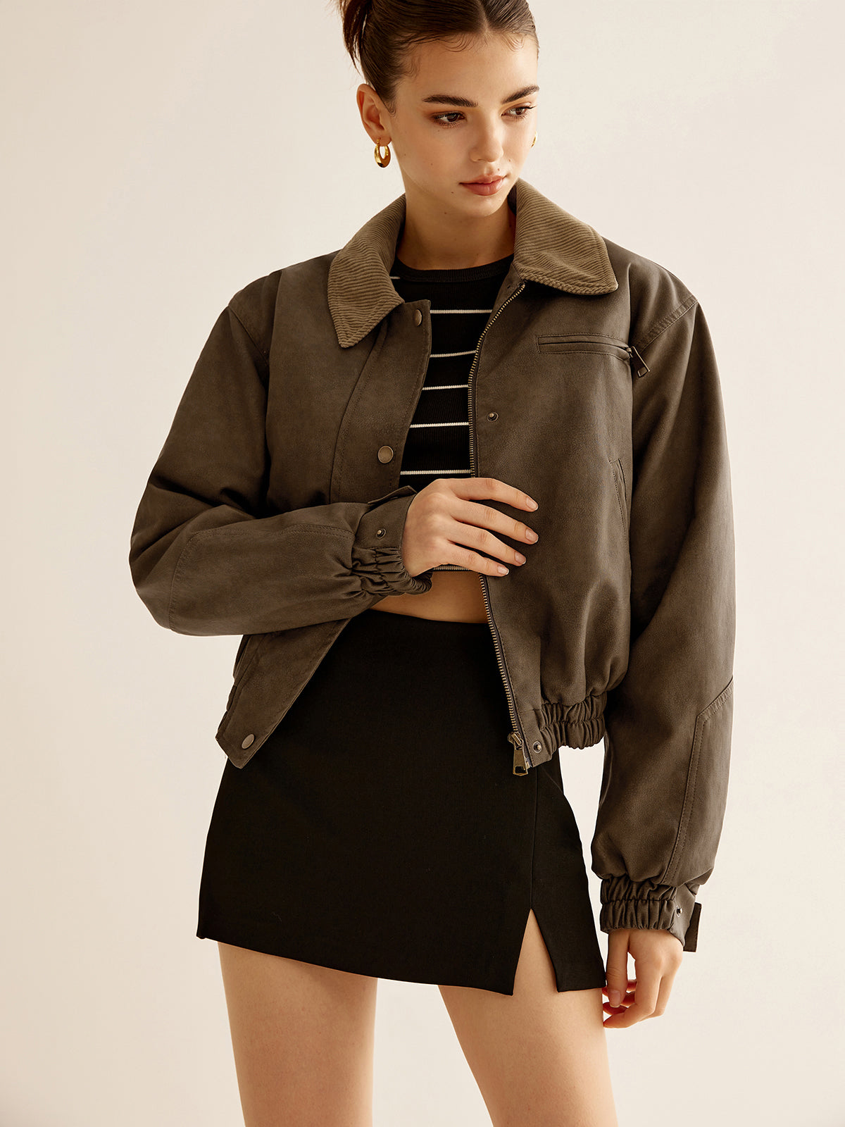 Corduroy-Collar PU Leather Jacket-Massicos