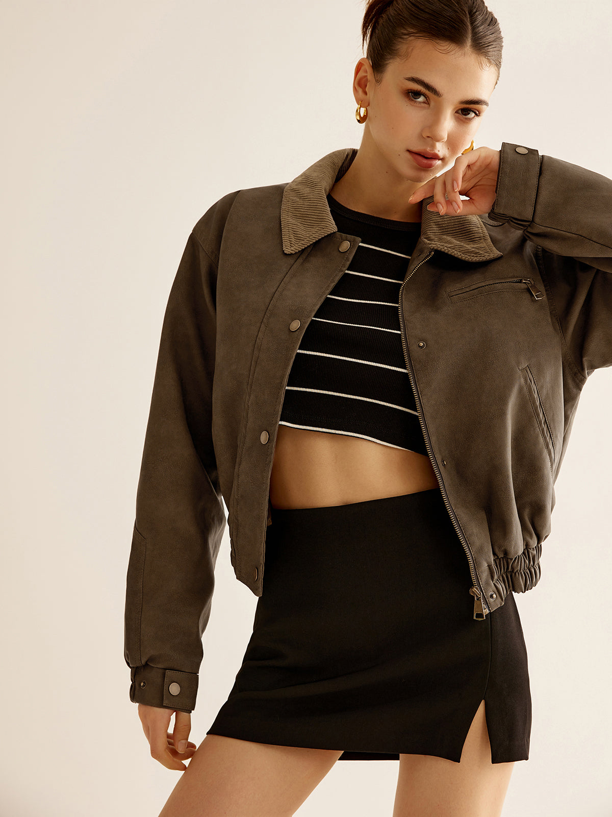 Corduroy-Collar PU Leather Jacket-Massicos