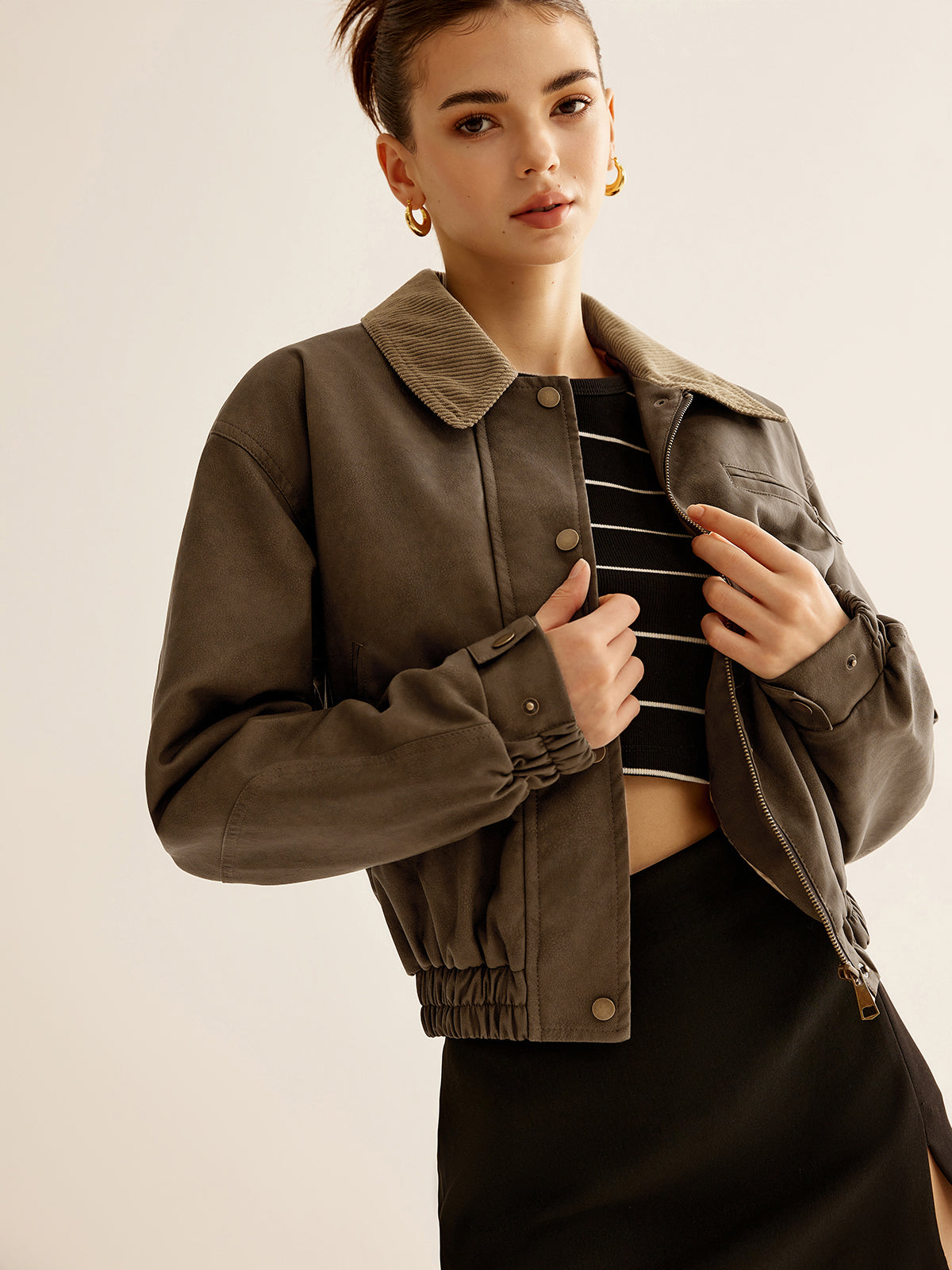 Corduroy-Collar PU Leather Jacket-Massicos