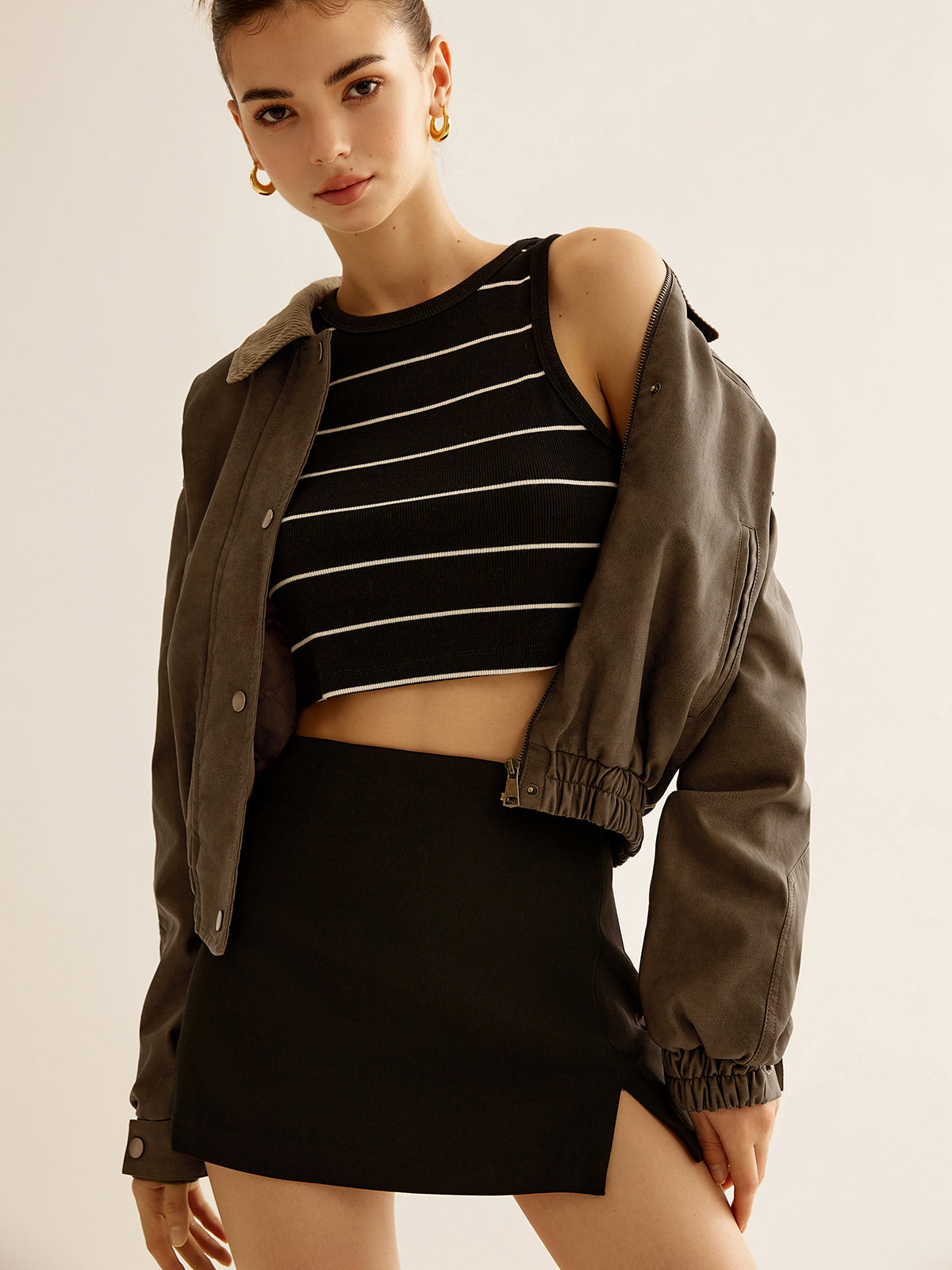 Corduroy-Collar PU Leather Jacket-Massicos
