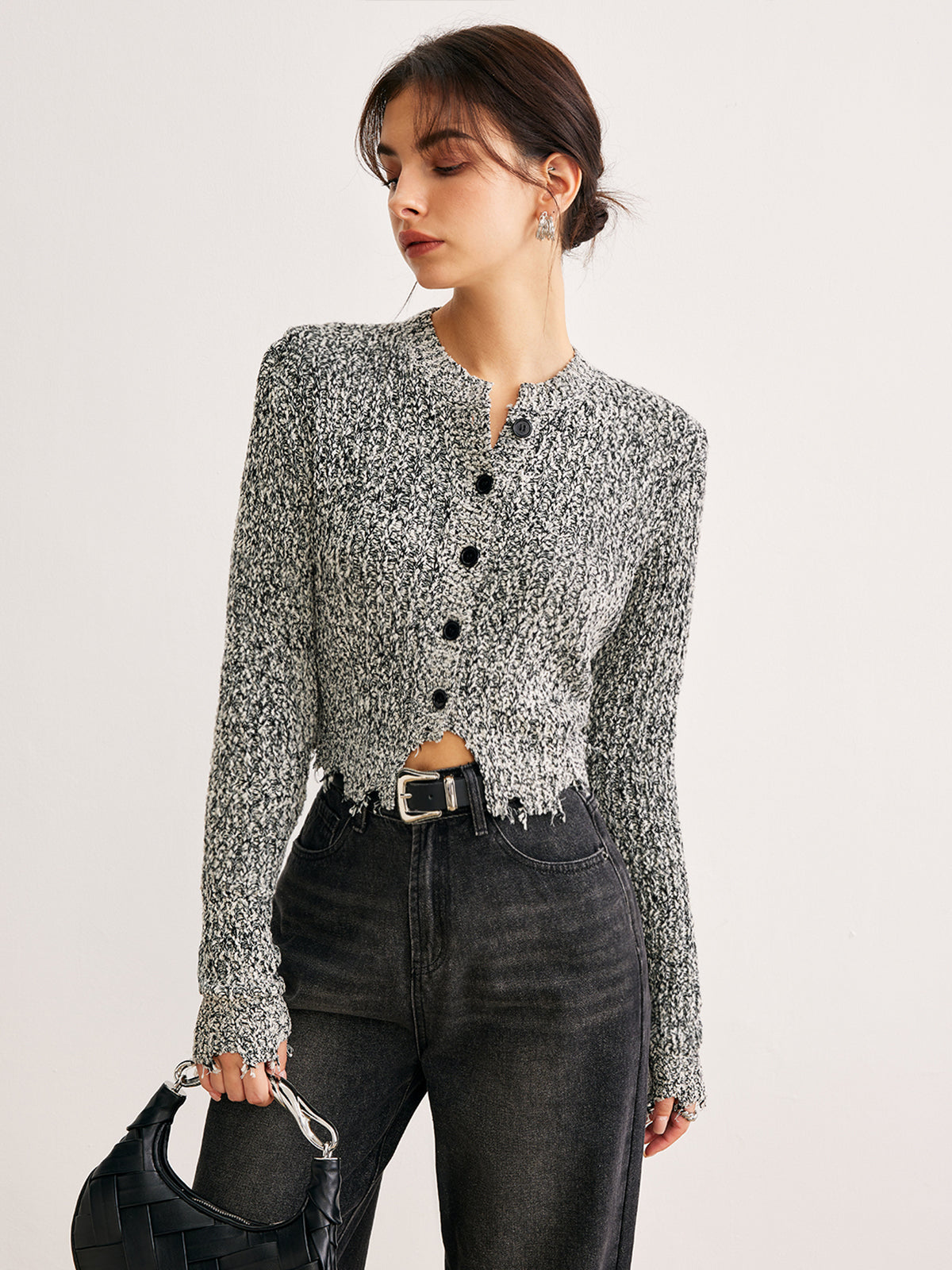 Raw Hem Button Slim Knit Top-Massicos