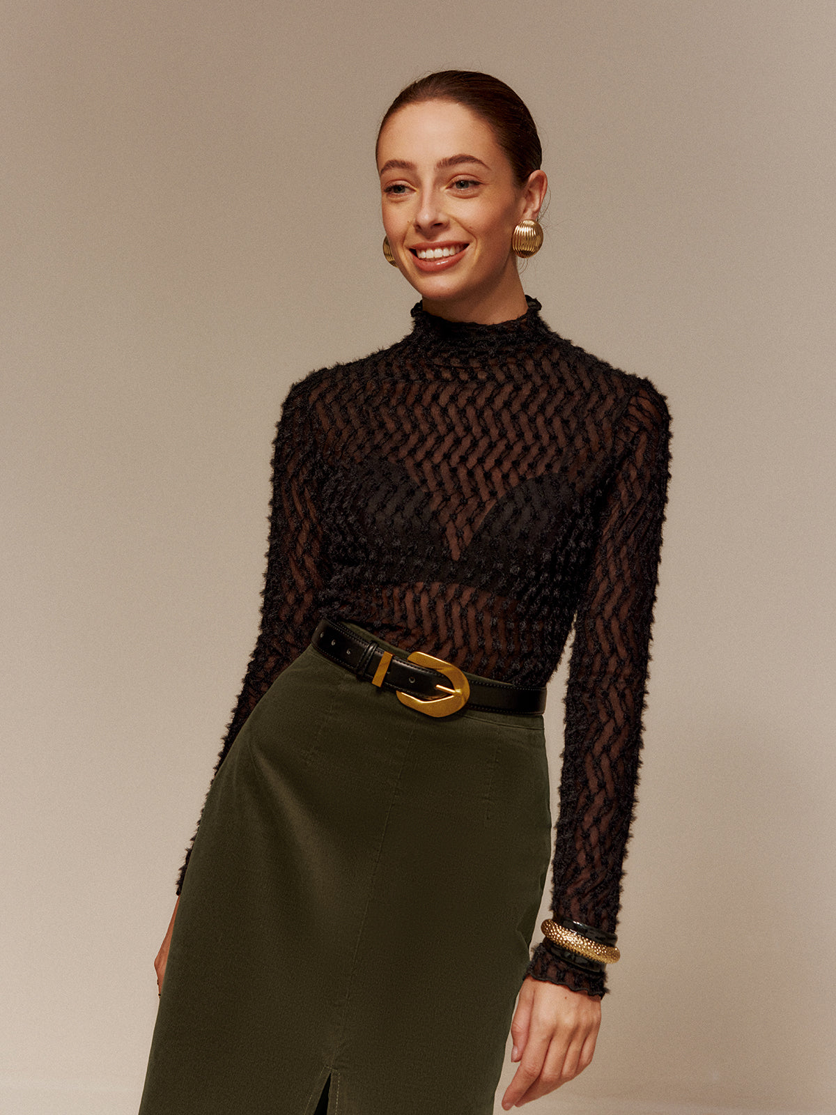 Mock Neck Semi-Sheer T-Shirt-Massicos