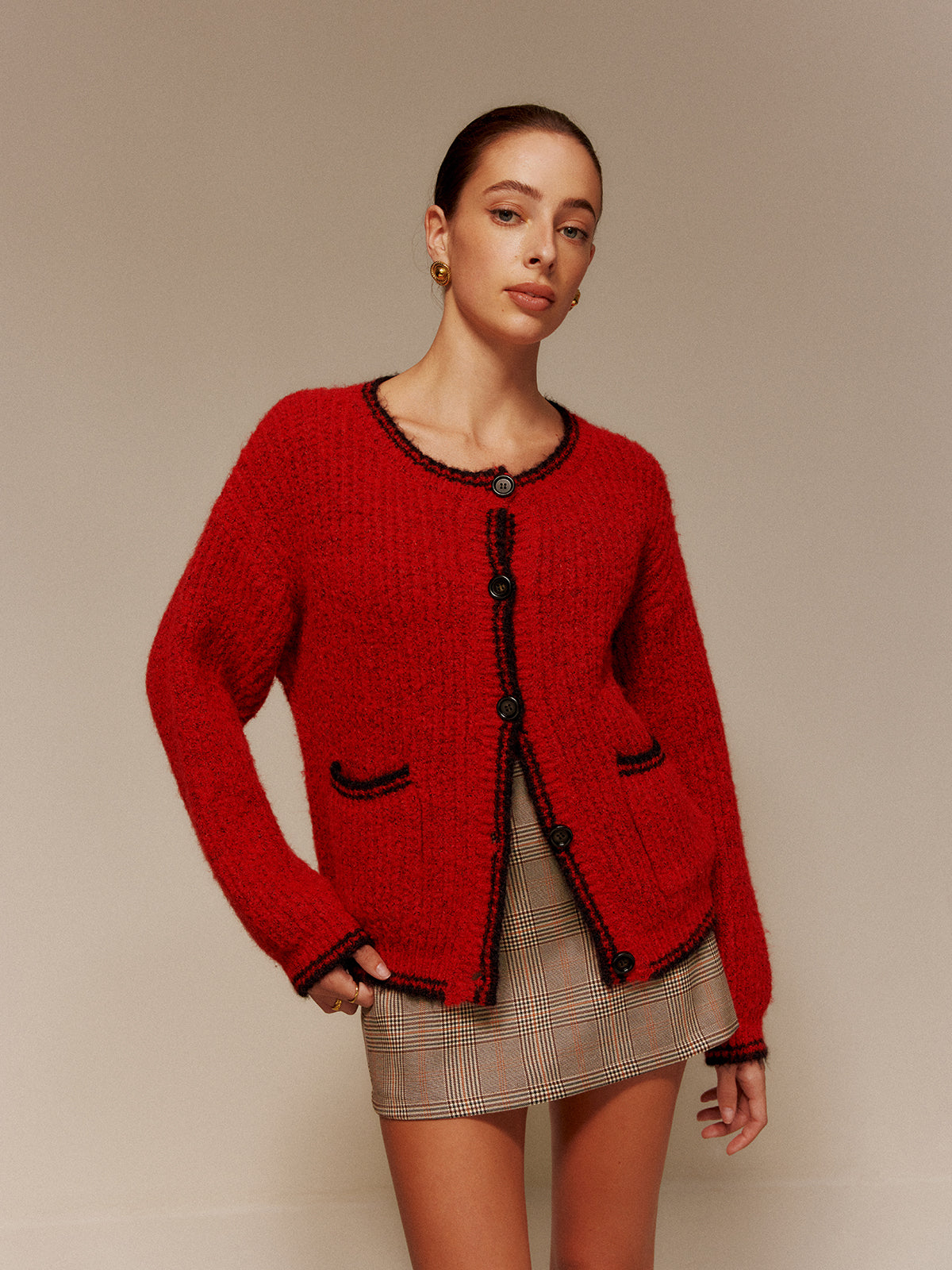 Contrast Trim Pockets Button Cardigan-Massicos