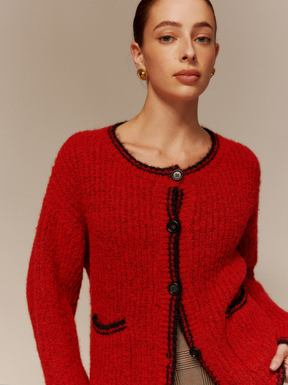 Contrast Trim Pockets Button Cardigan-Massicos