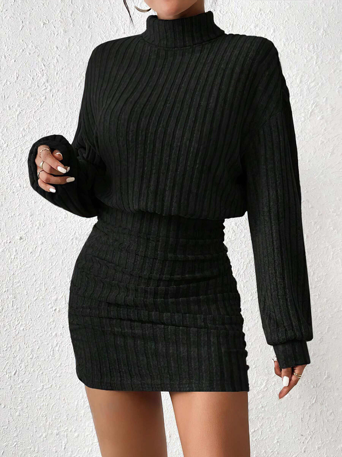 Mock Neck Ribbed Short Dress-Massicos
