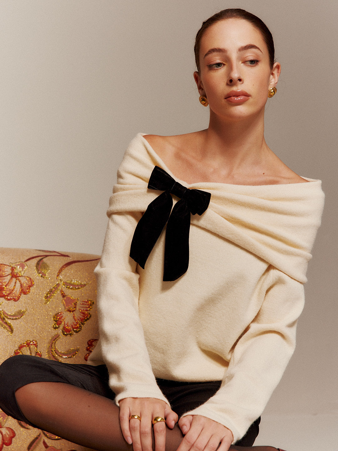 Velvet-Bow Off-Shoulder Ruched Sweater-Massicos
