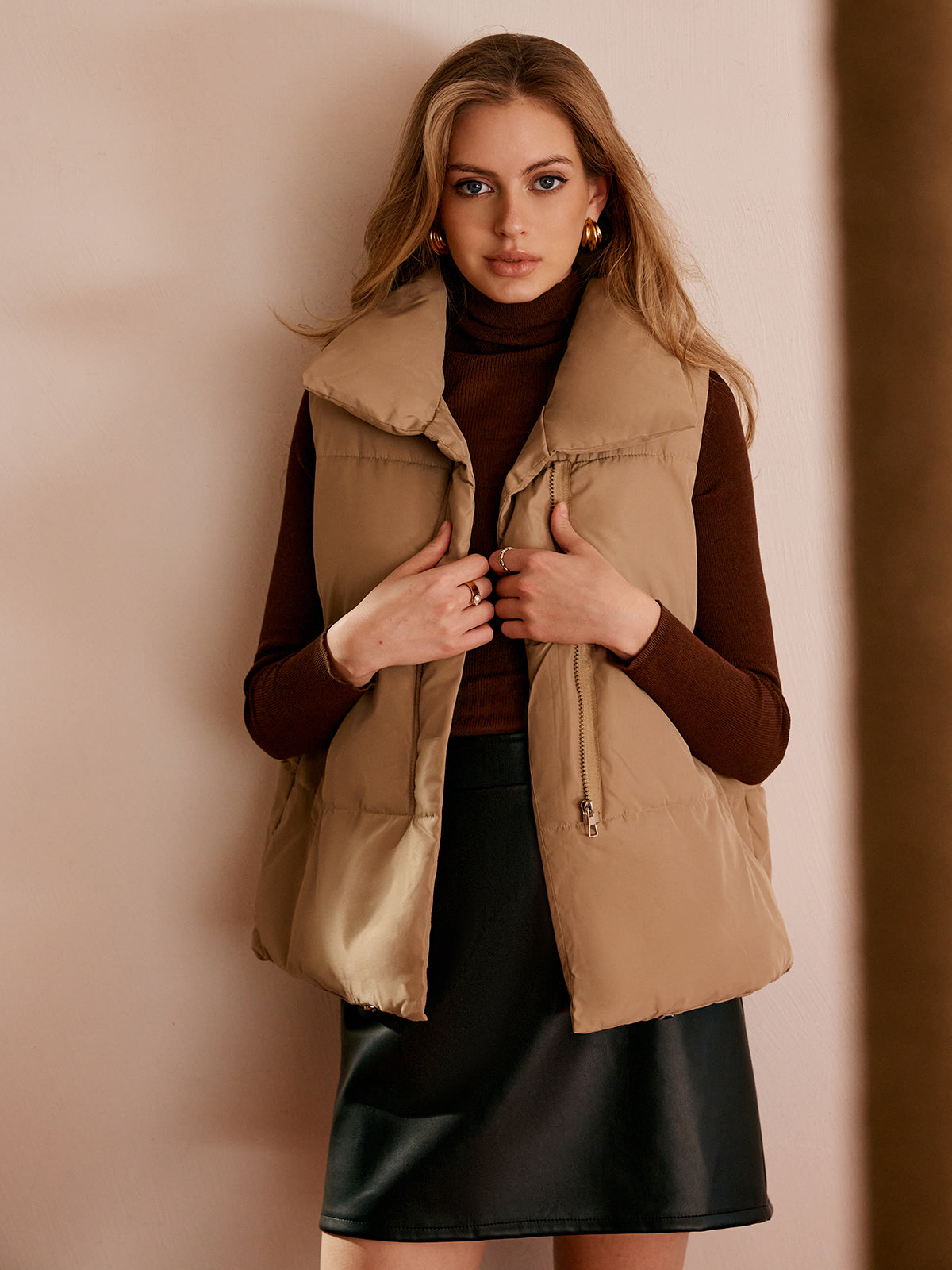 Turtleneck Quilted Zipper Vest-Massicos