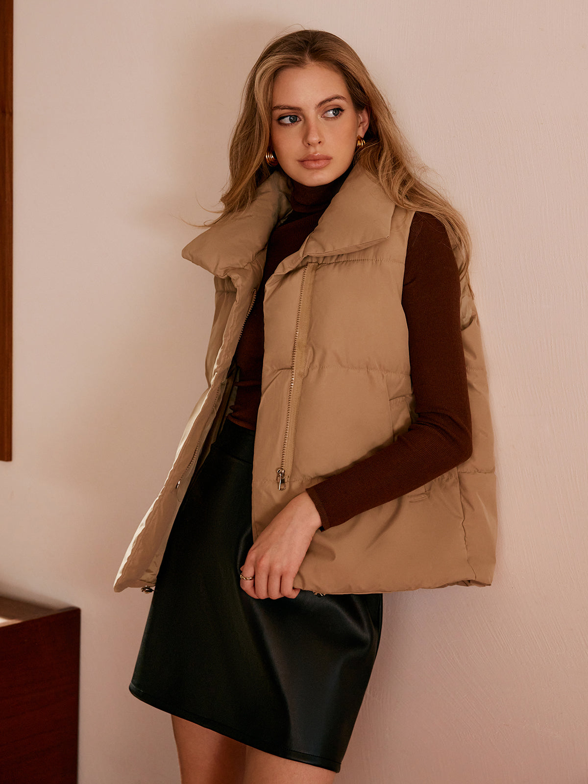 Turtleneck Quilted Zipper Vest-Massicos