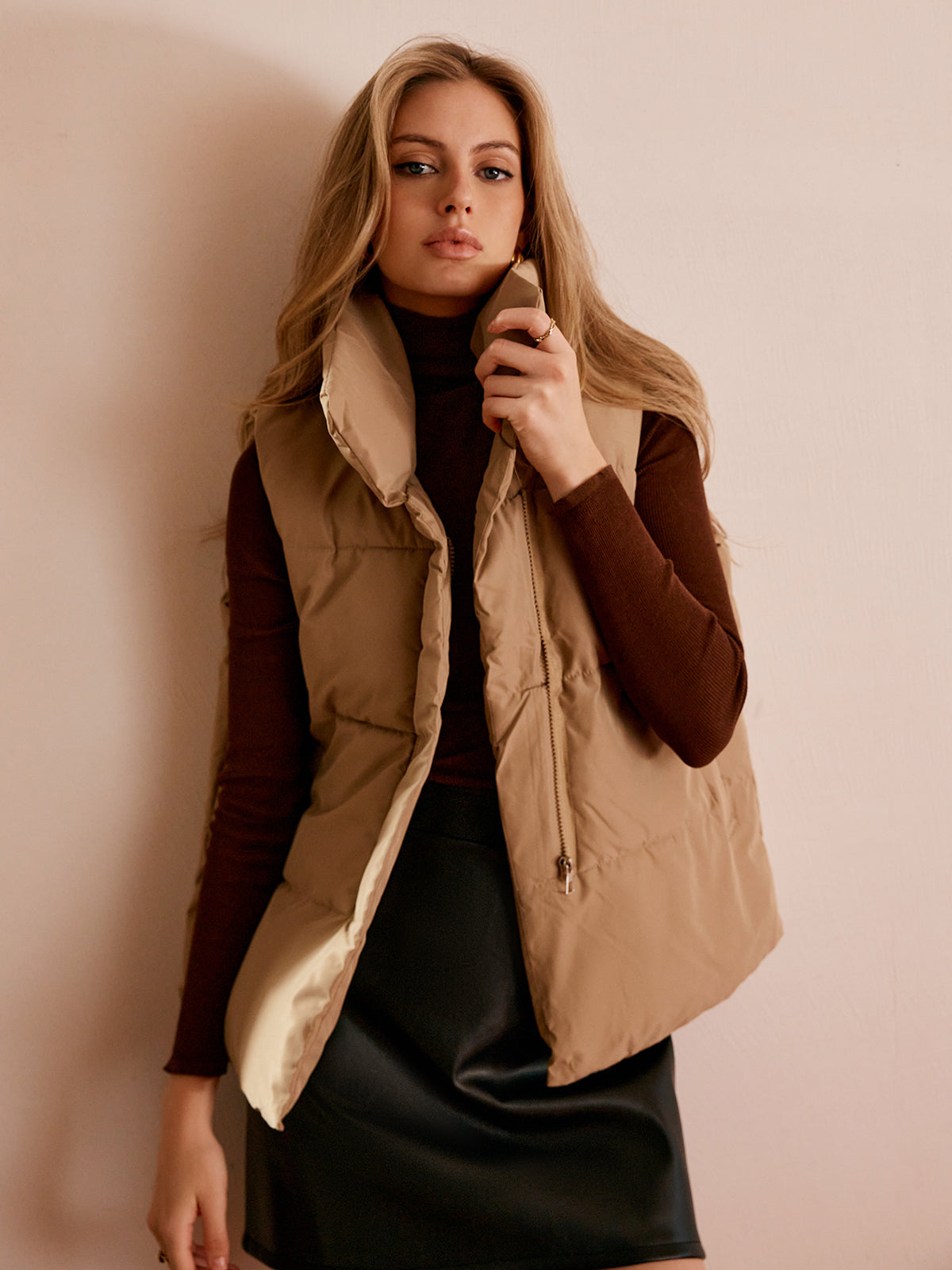 Turtleneck Quilted Zipper Vest-Massicos