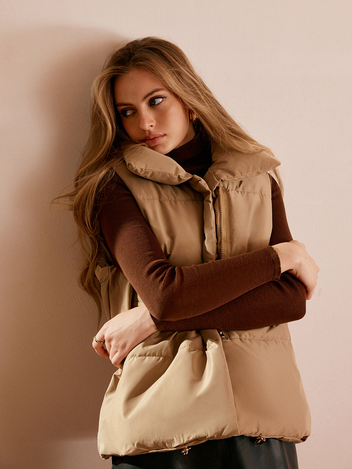 Turtleneck Quilted Zipper Vest-Massicos