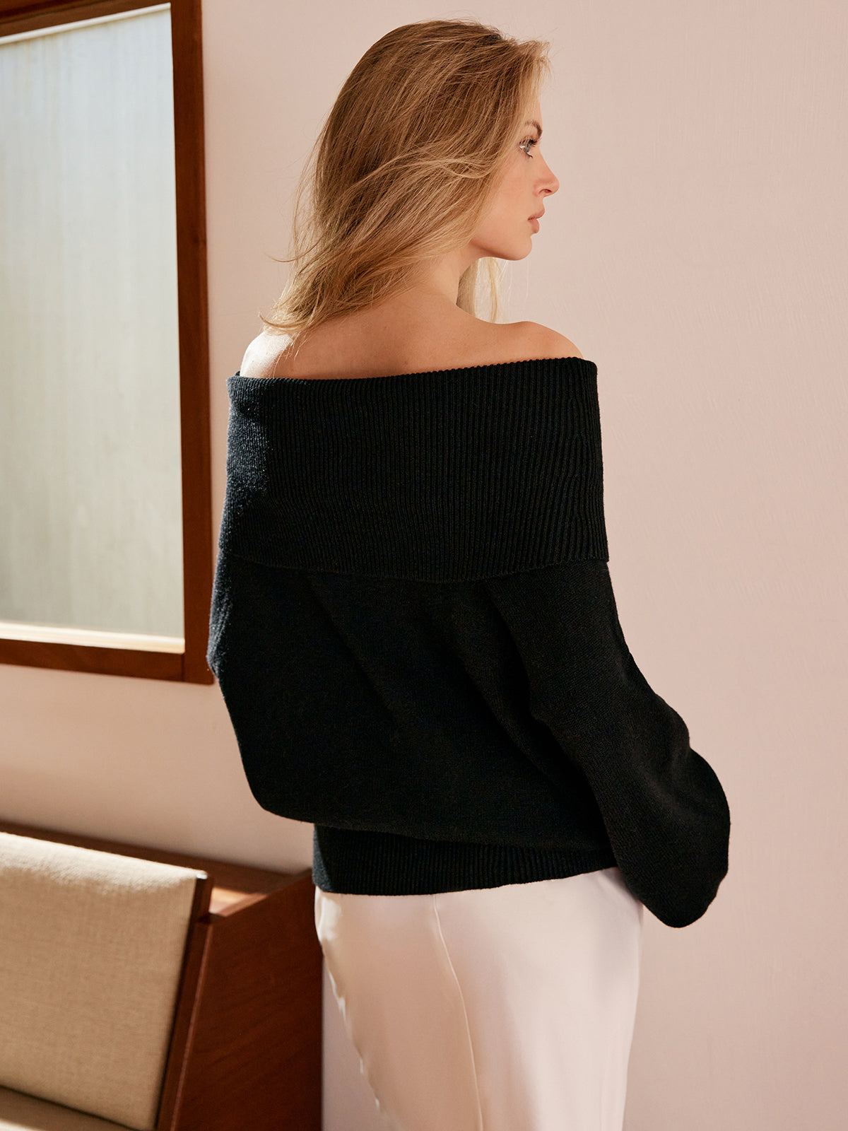 High Stretch Off-Shoulder Shift Sweater-Massicos
