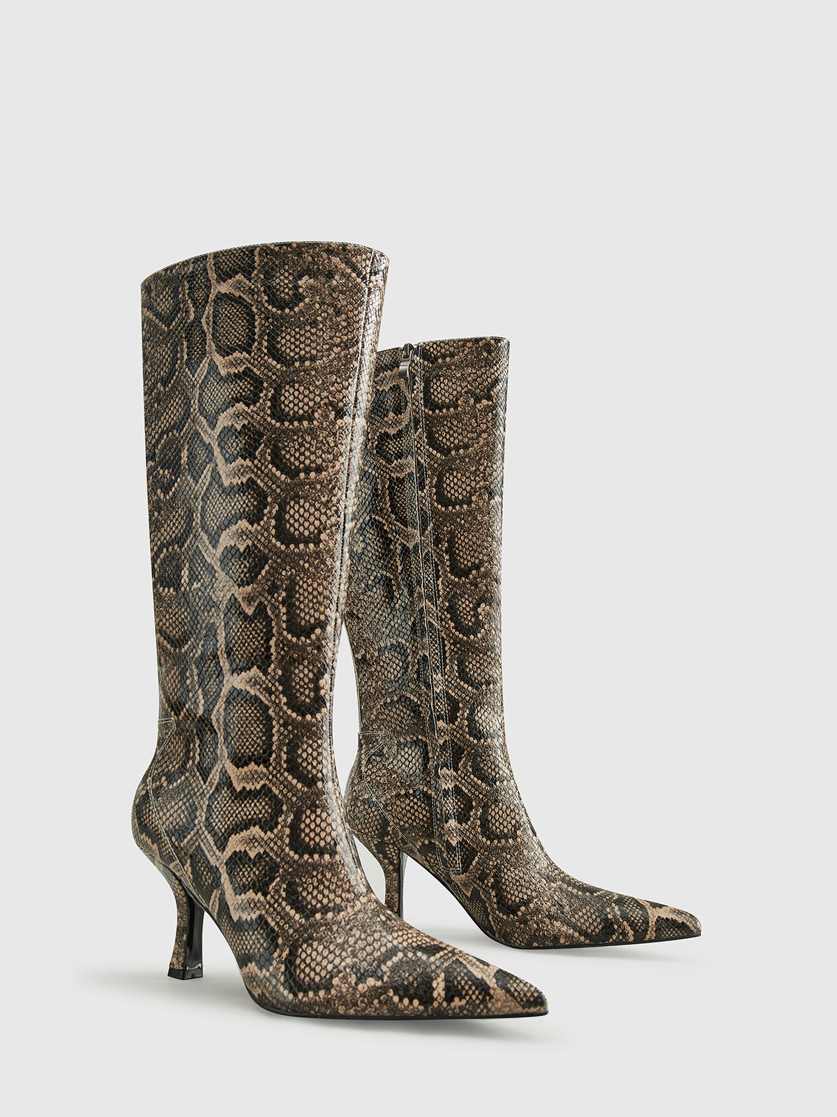 Snakeskin Print Knee-High Boots-Massicos