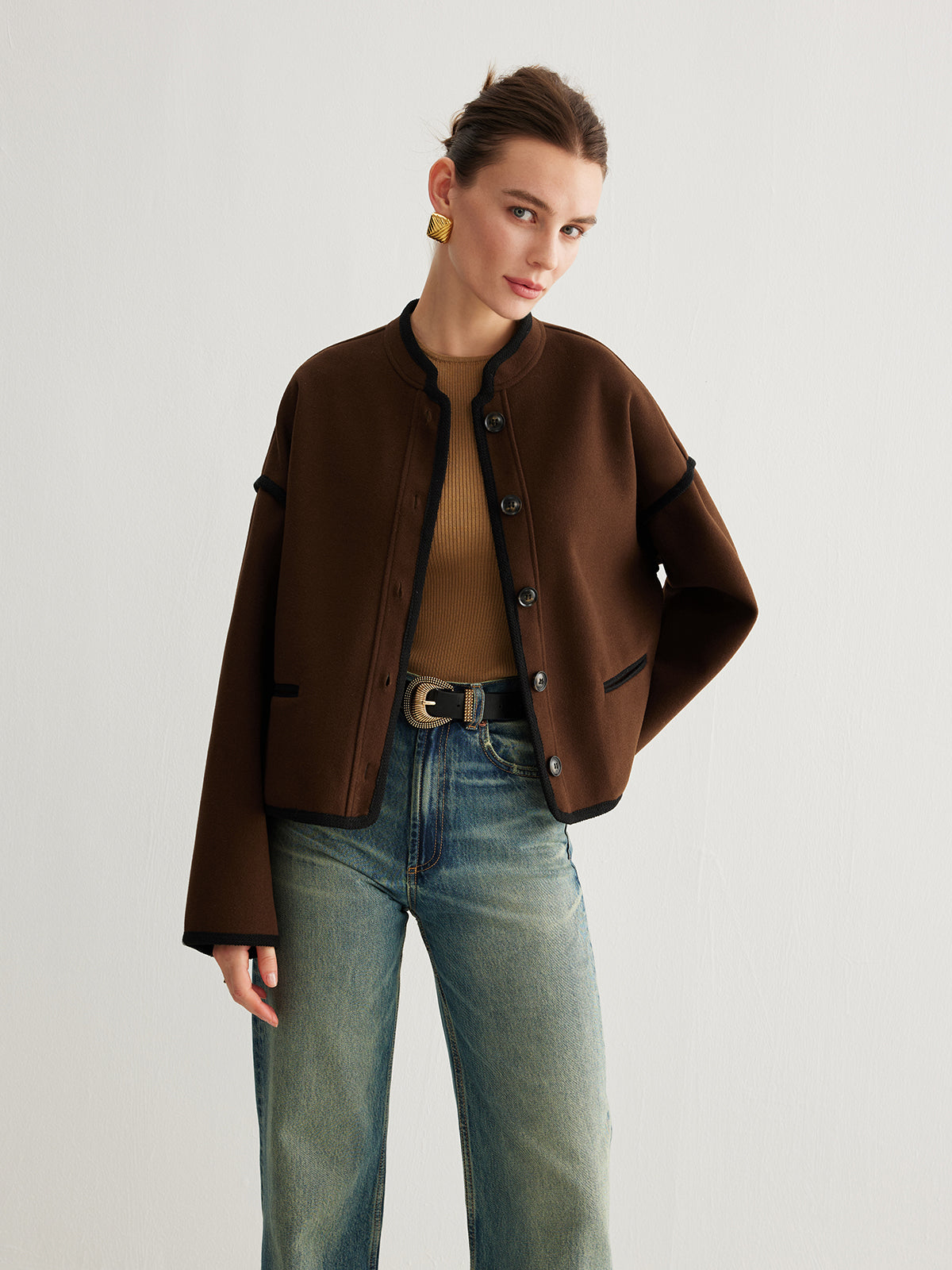 Minimalist Contrast Trim Tweed Jacket-Massicos