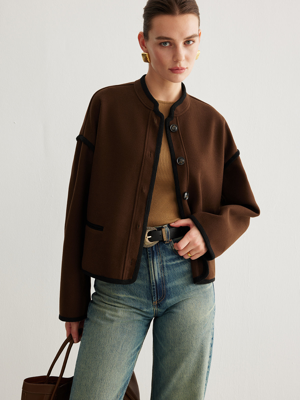 Minimalist Contrast Trim Tweed Jacket-Massicos