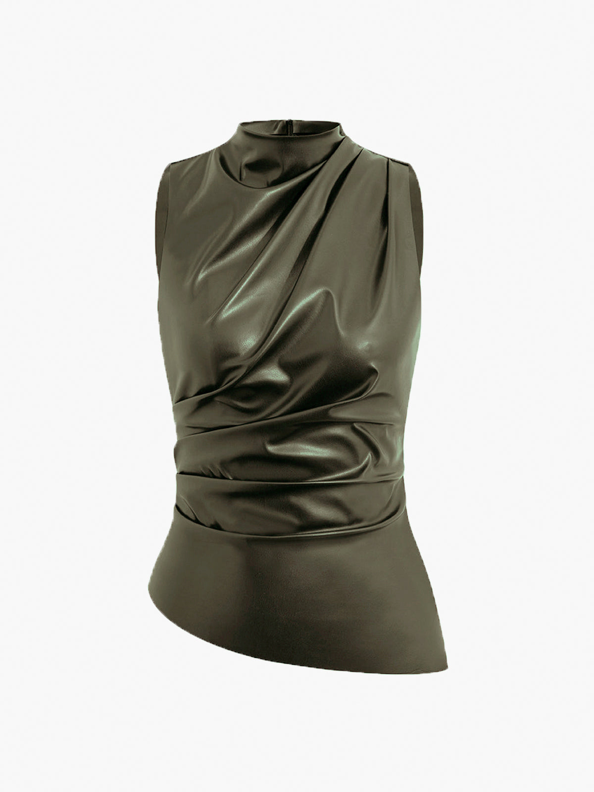 Mock Neck Faux Leather Cinched Tank Top-Massicos