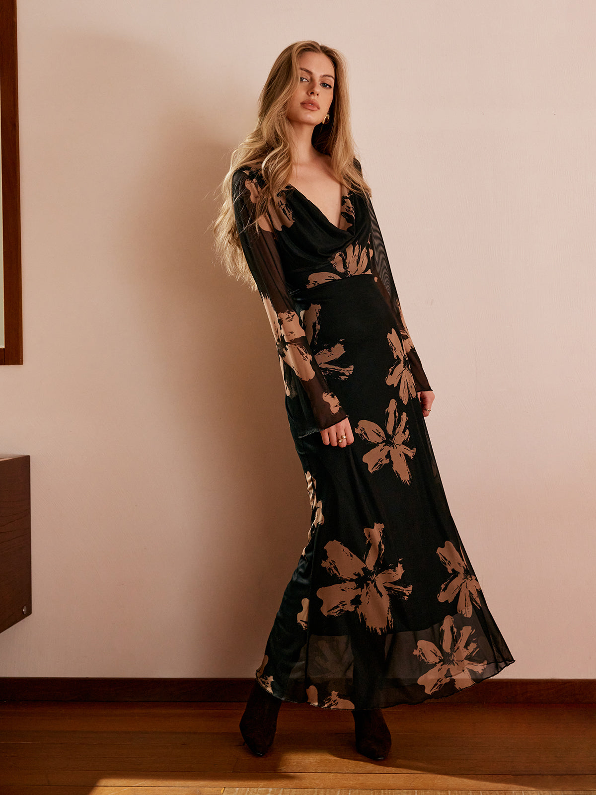 Boheme Printed Cowl Neck Floral Dress-Massicos