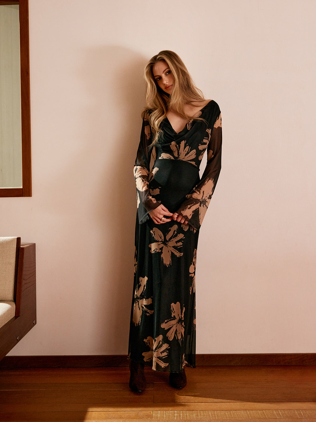 Boheme Printed Cowl Neck Floral Dress-Massicos
