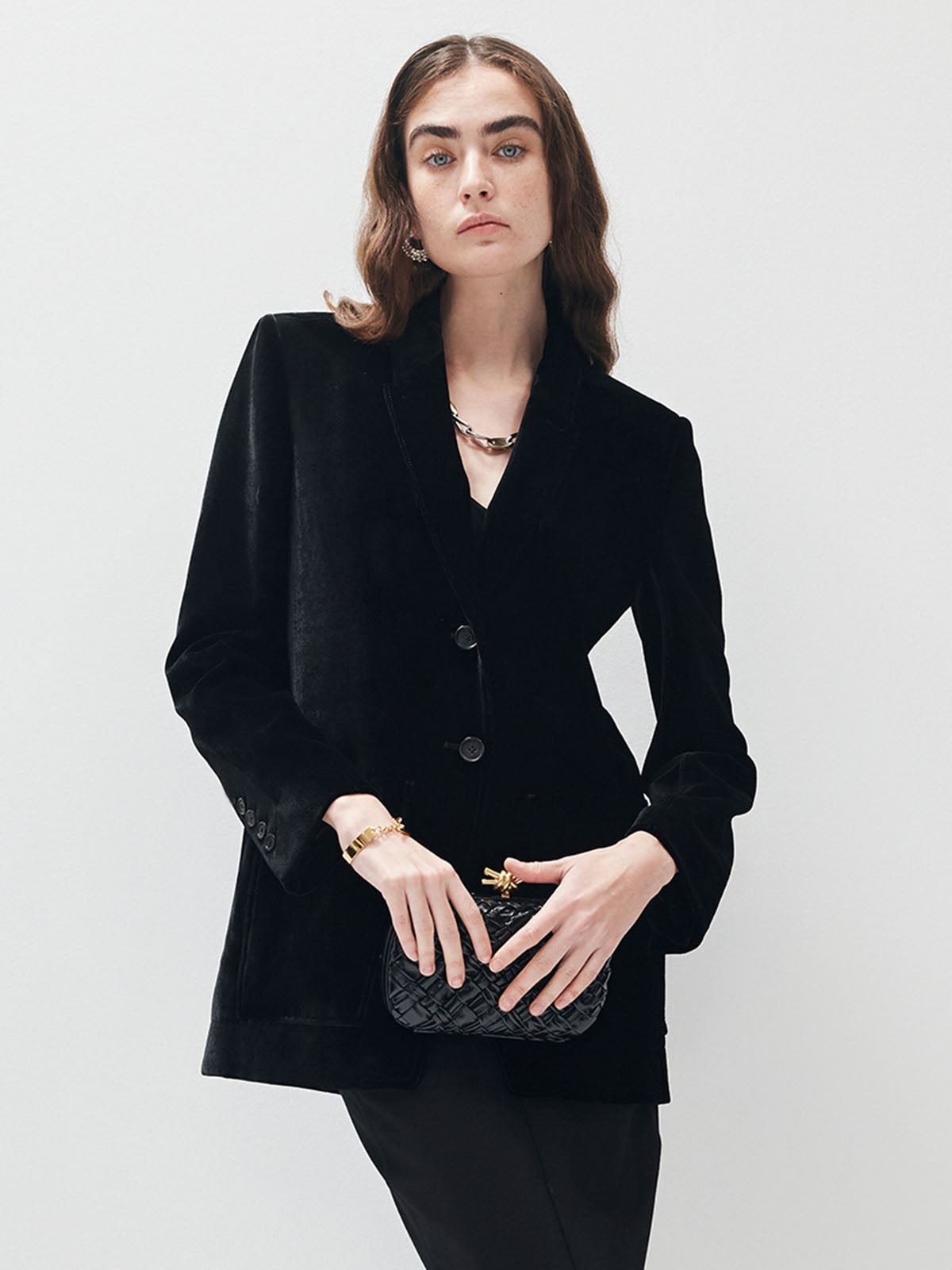 V-Neck Velvet Button Blazer-Massicos