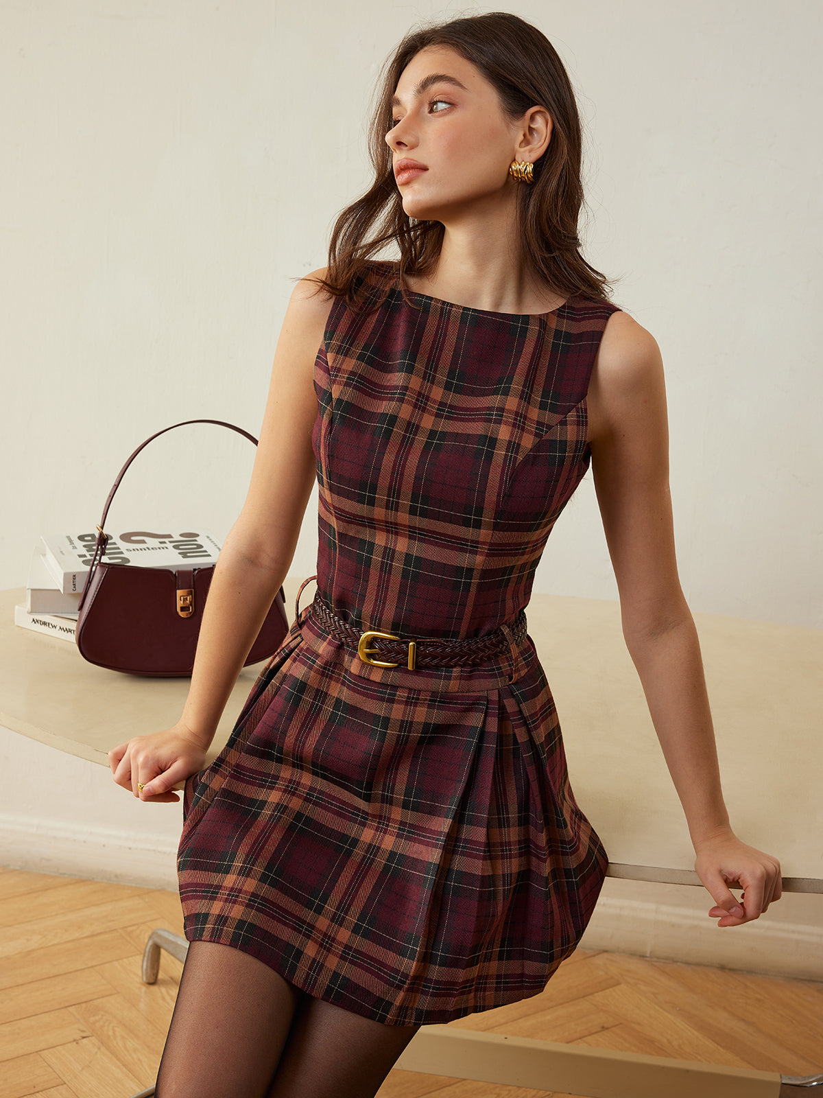 Checked Pleated Tank Dress Without Belt-Massicos
