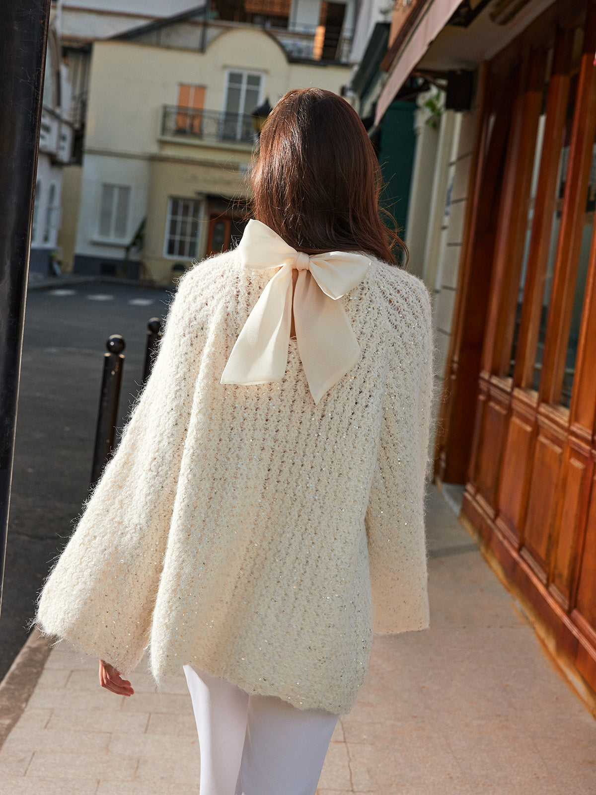 Bow-Decor Purl Shift Sweater-Massicos