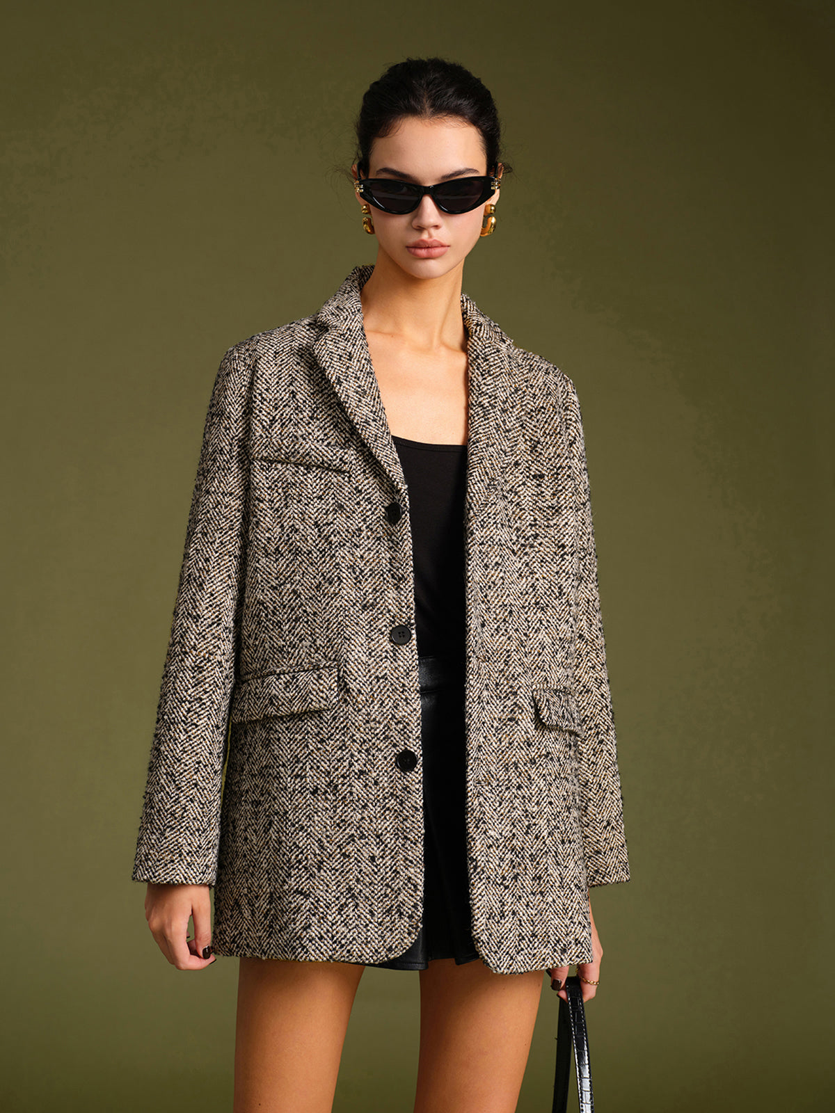 Chevron Tweed Belted Blazer-Massicos