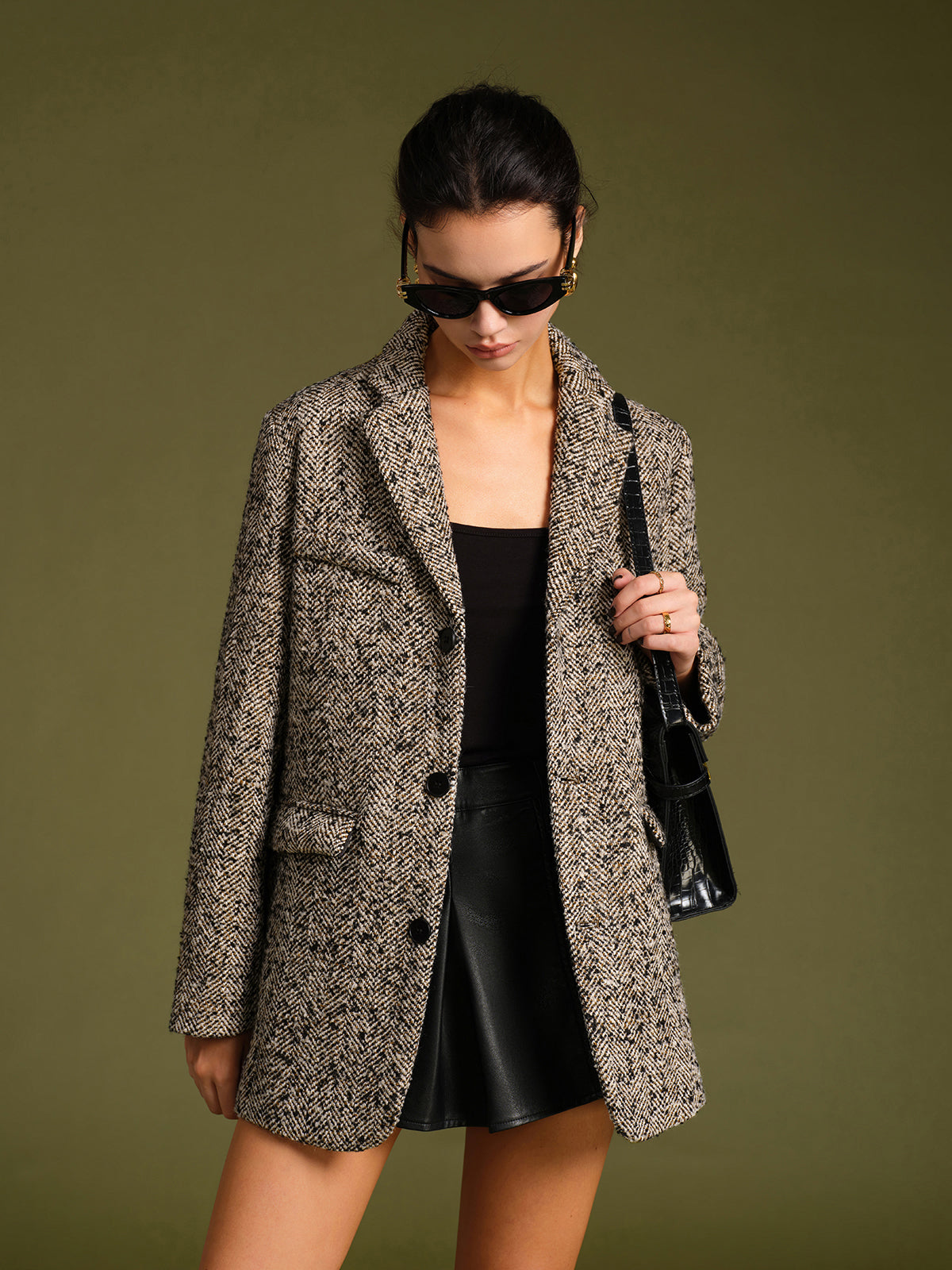 Chevron Tweed Belted Blazer-Massicos