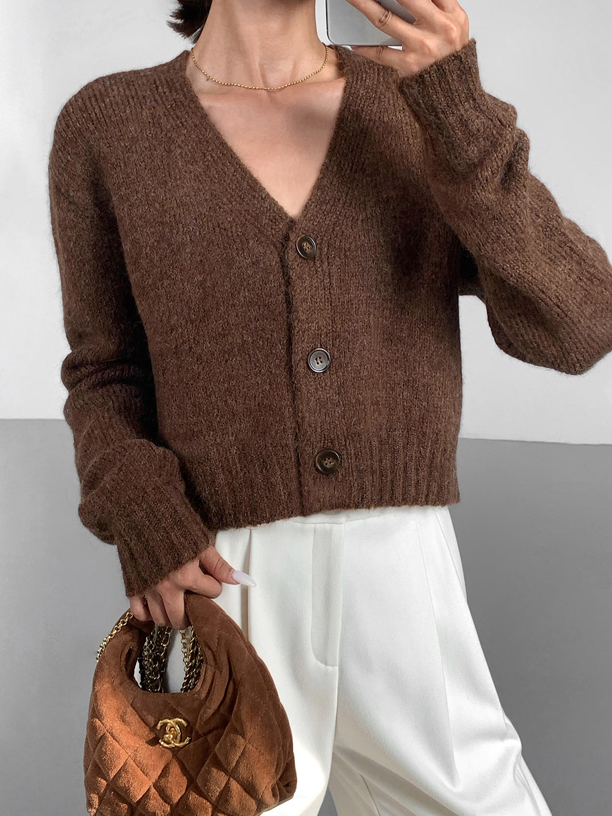 Wool-Blend V-Neck Short Cardigan-Massicos