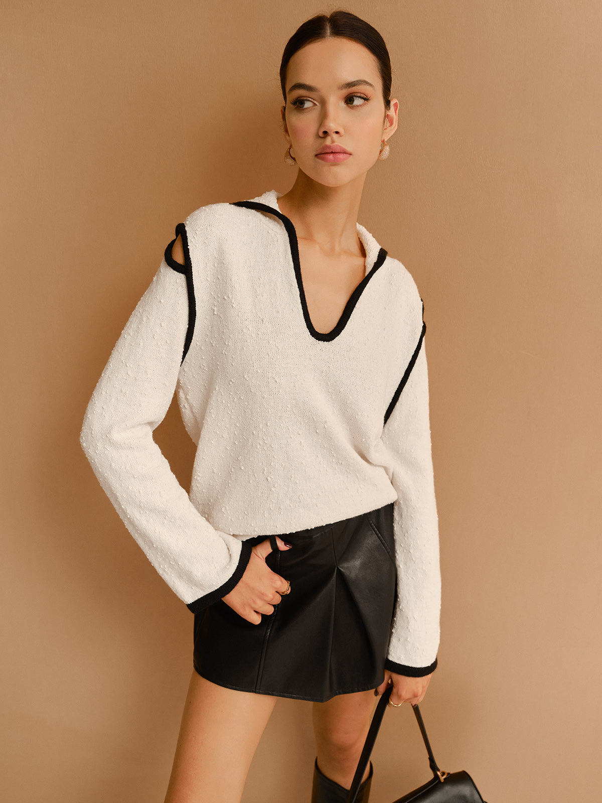 Contrast Trim Cutout Lapel Sweater-Massicos