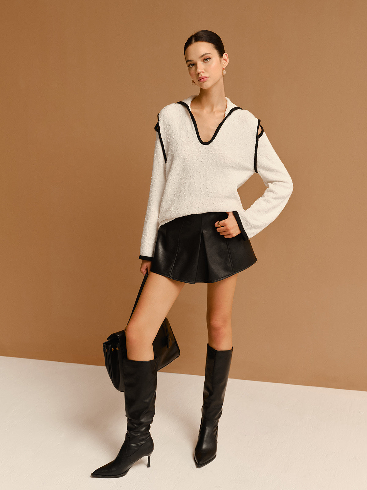 Contrast Trim Cutout Lapel Sweater-Massicos