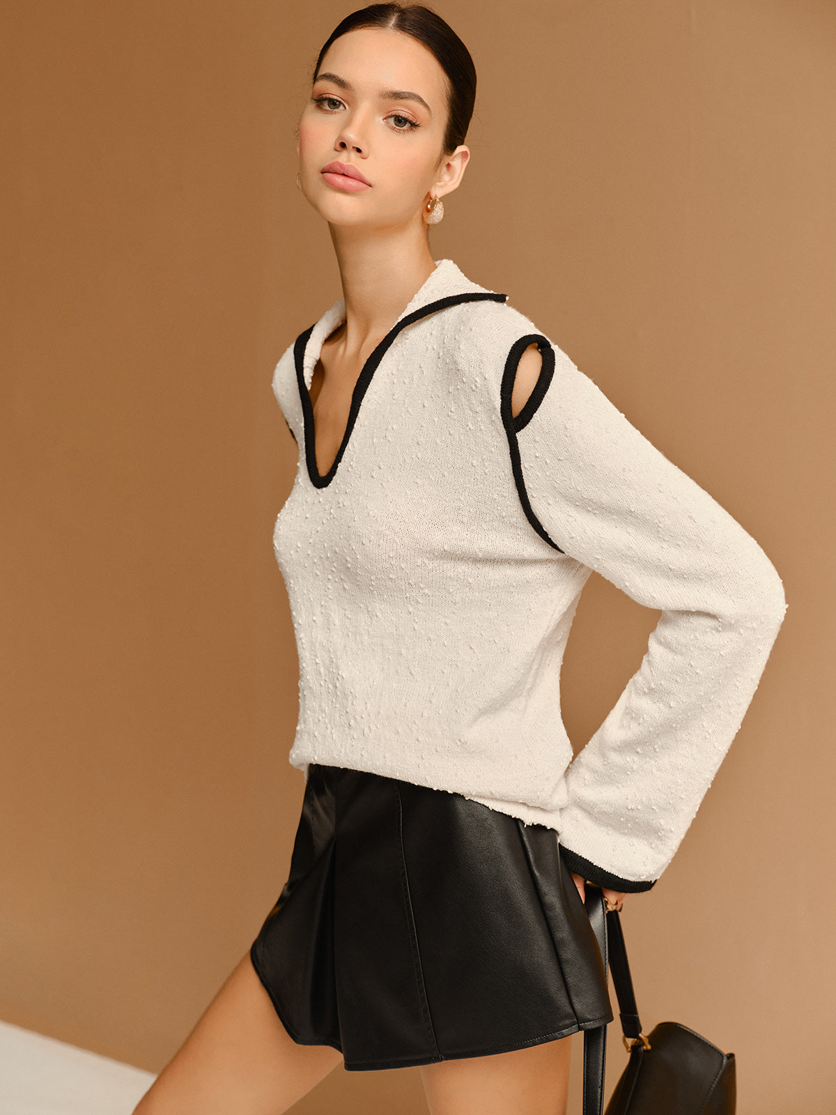 Contrast Trim Cutout Lapel Sweater-Massicos