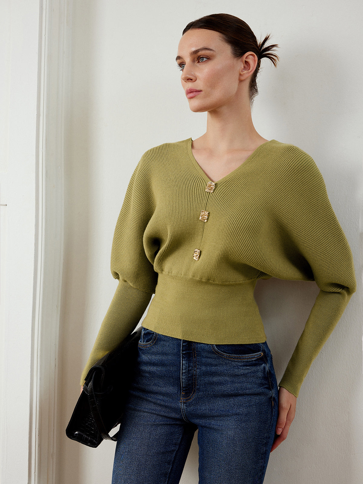 Leg-Of-Mutton Sleeve Cinched Sweater-Massicos
