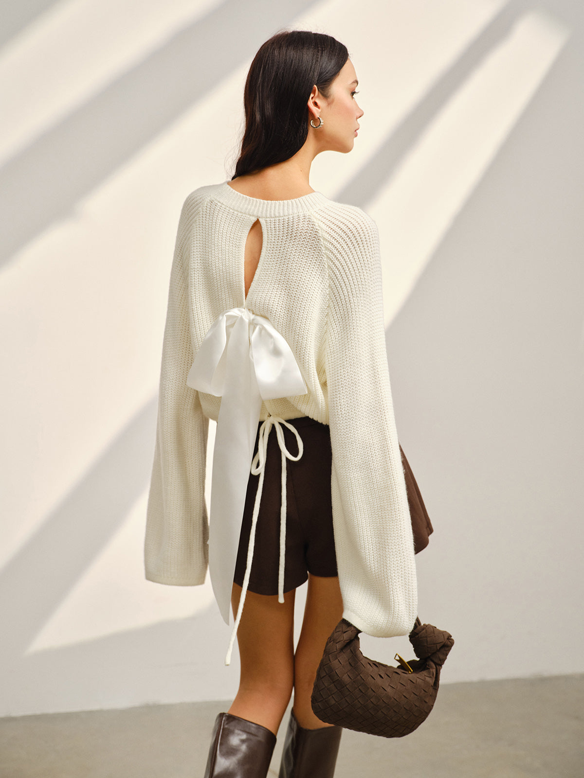 Satin-Bow Bell Sleeve Short Sweater-Massicos