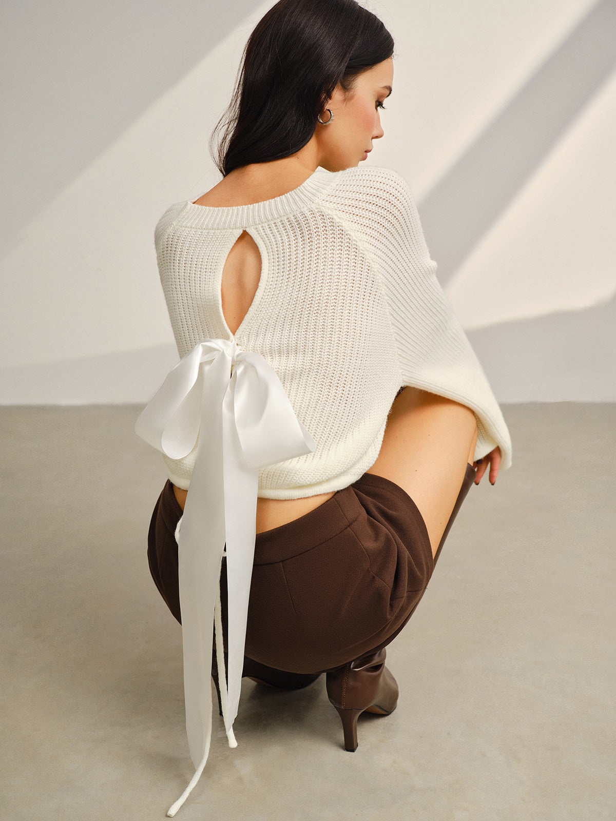 Satin-Bow Bell Sleeve Short Sweater-Massicos