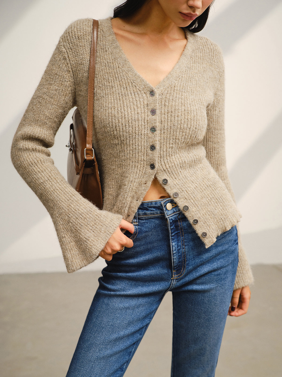 V-Neck Bell Sleeve Button Cardigan-Massicos
