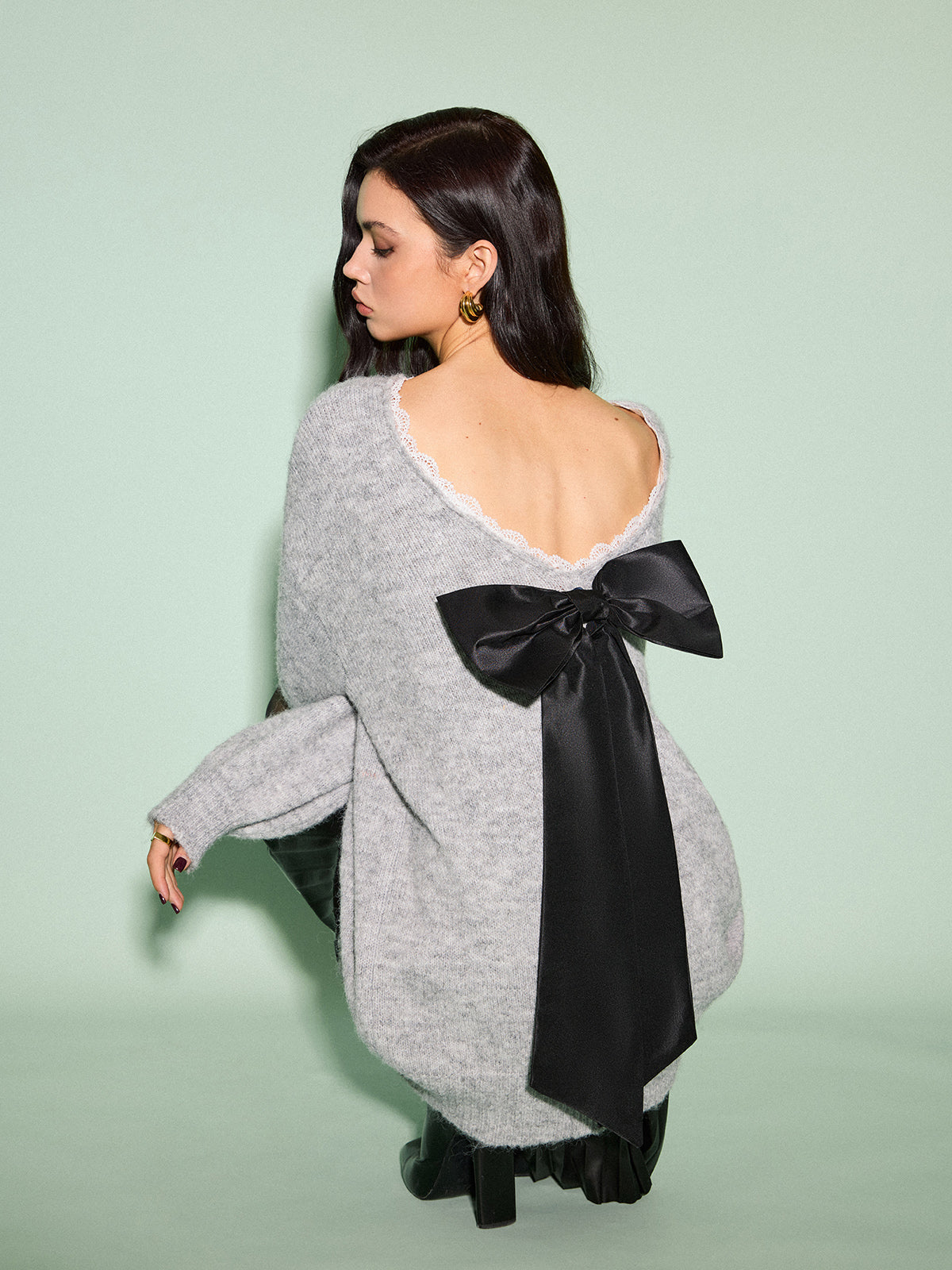 Lace Trim Bow-Decor Draped Sweater-Massicos