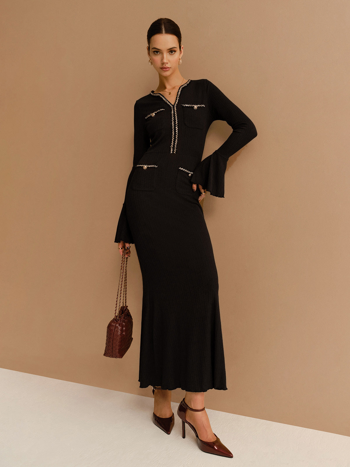 Elegant Contrast Binding Ruffle Slim Dress Without Belt-Massicos
