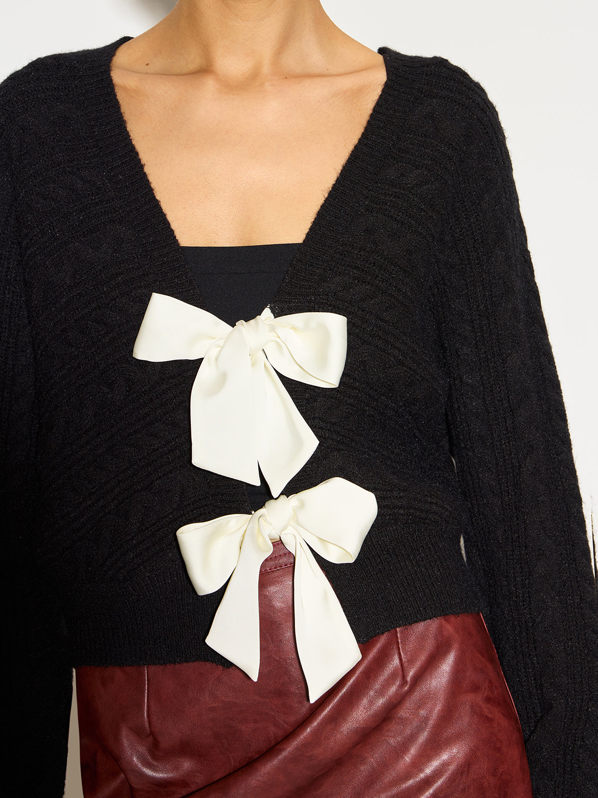 V-Neck Bow Front Twist Cardigan-Massicos