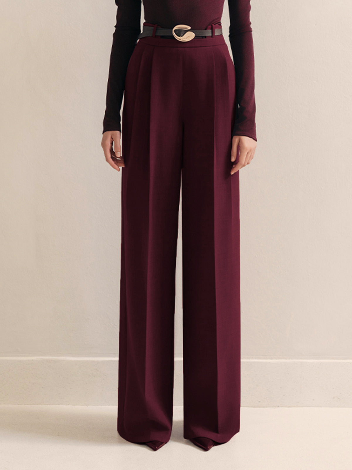 Metal-Belt Pleated High-Waist Pants-Massicos